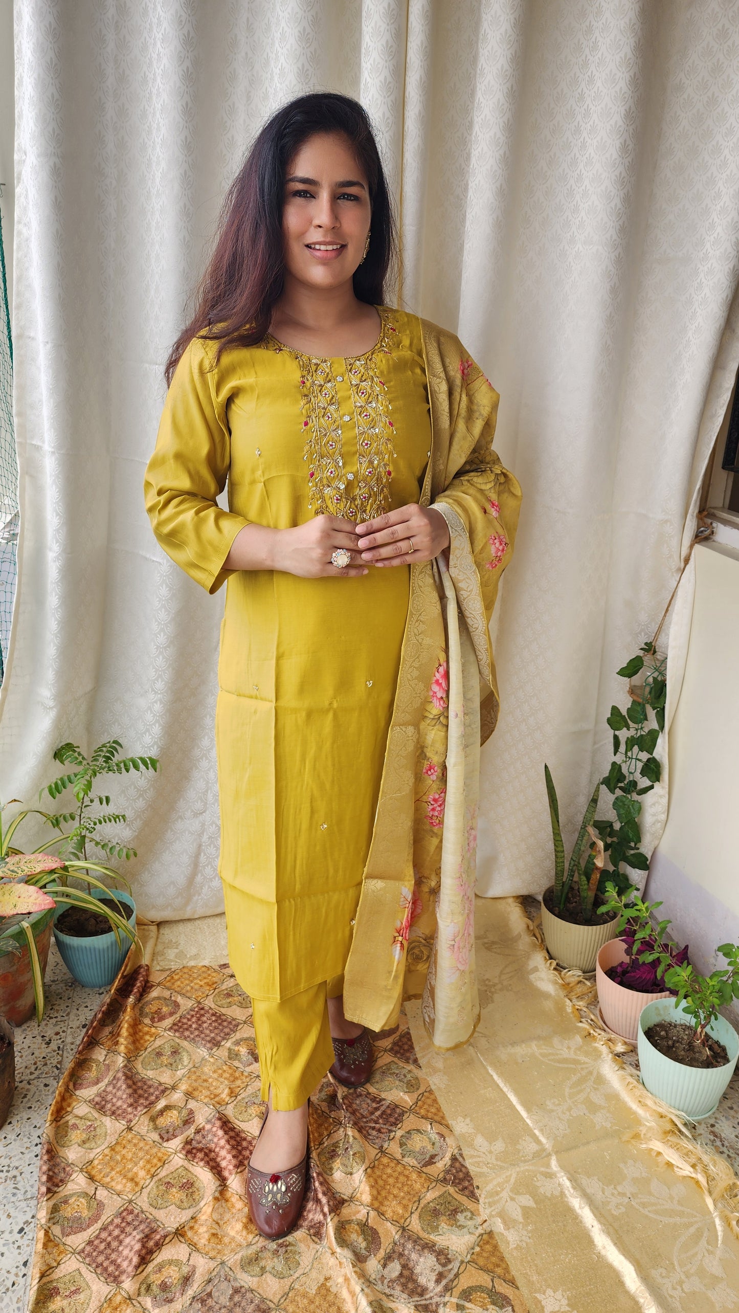 Olive Mustard Muslin Silk Zardozi Hand work Suit Set | Banarasi silk Floral Print Dupatta