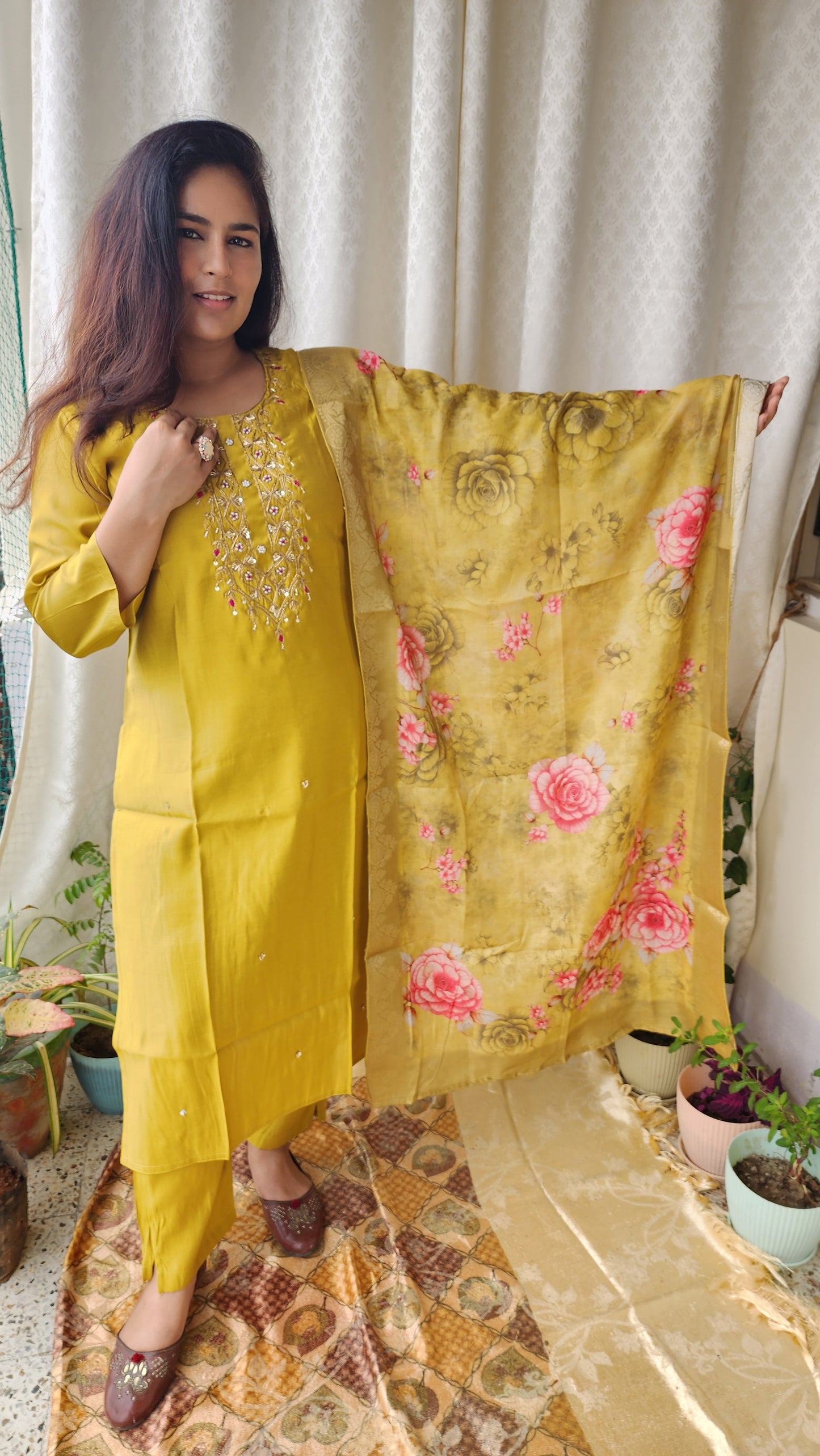 Olive Mustard Muslin Silk Zardozi Hand work Suit Set | Banarasi silk Floral Print Dupatta