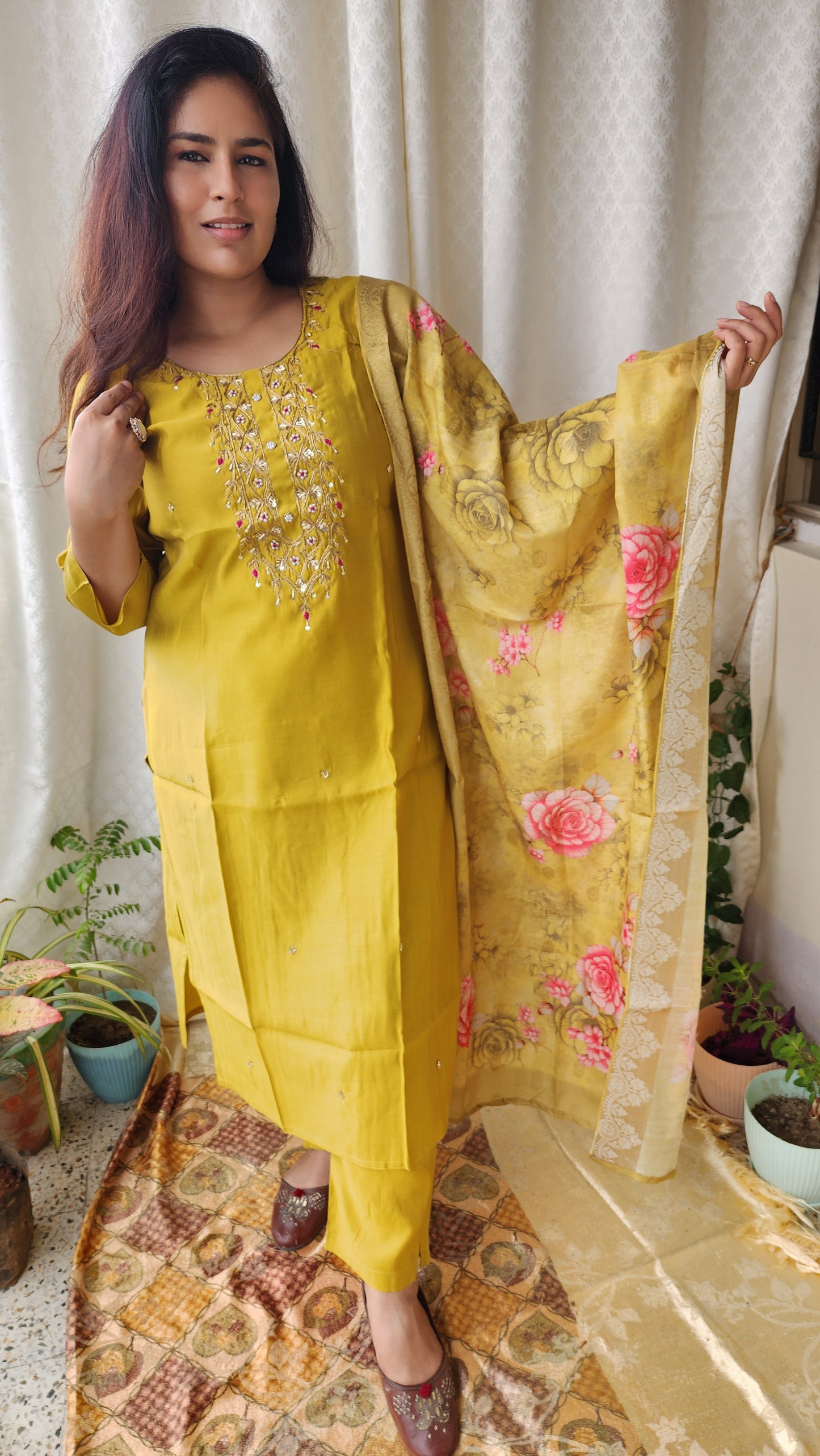 Olive Mustard Muslin Silk Zardozi Hand work Suit Set | Banarasi silk Floral Print Dupatta