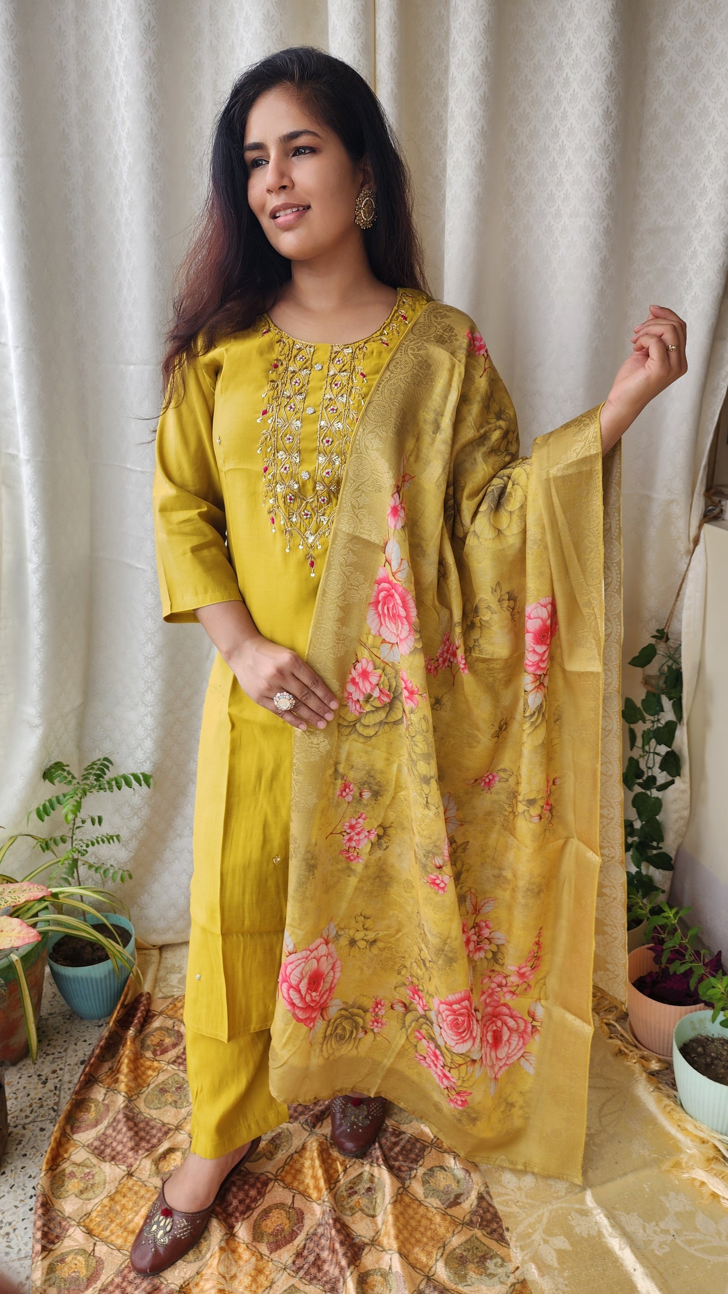 Olive Mustard Muslin Silk Zardozi Hand work Suit Set | Banarasi silk Floral Print Dupatta