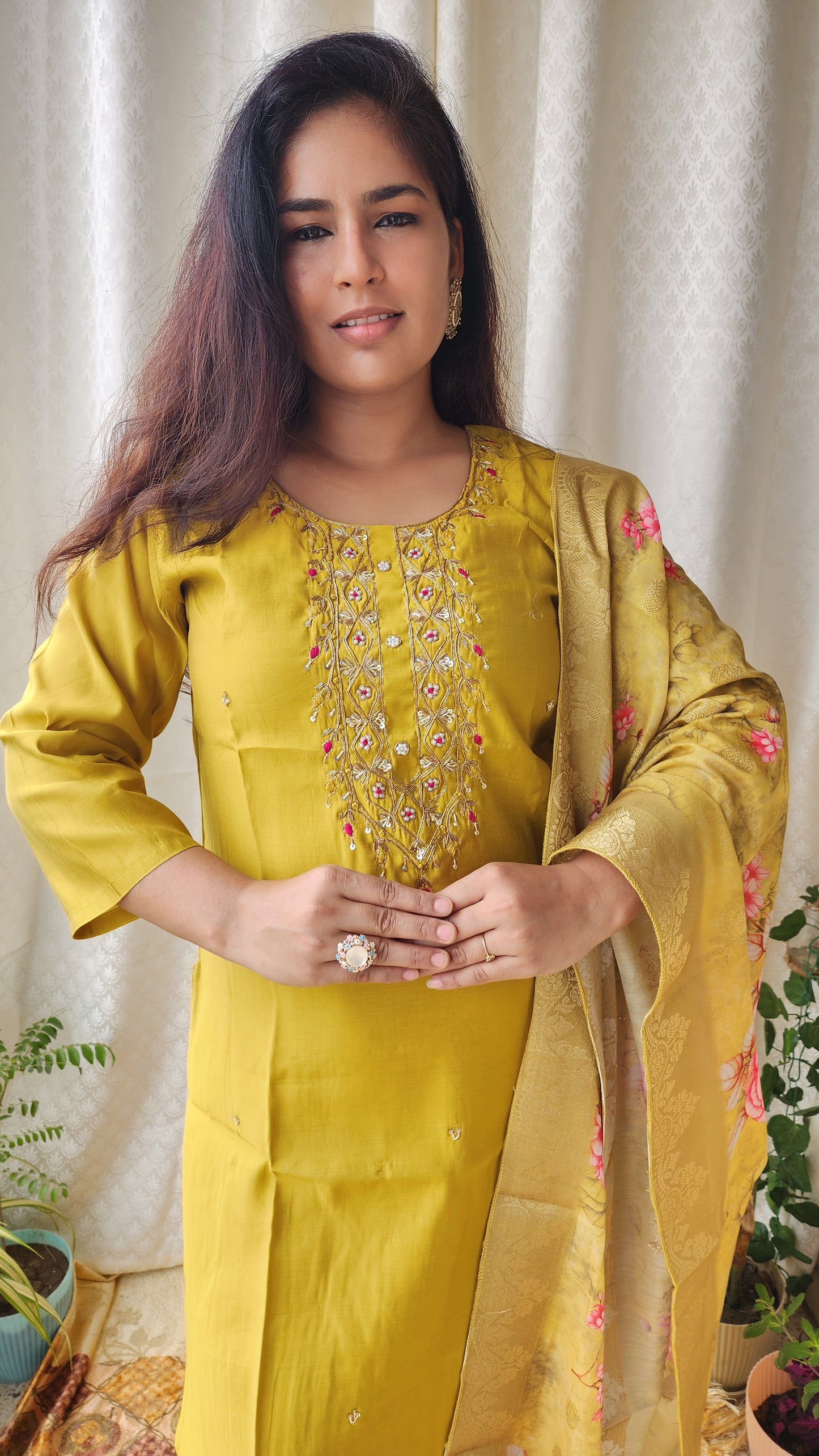Olive Mustard Muslin Silk Zardozi Hand work Suit Set | Banarasi silk Floral Print Dupatta