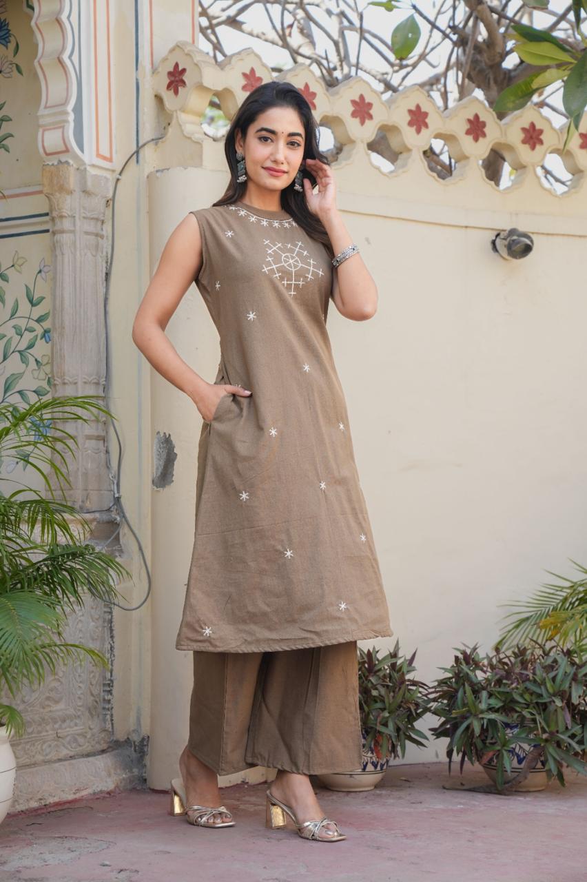 Stylish Beige Cotton Kurti with Palazzo & Thread Work