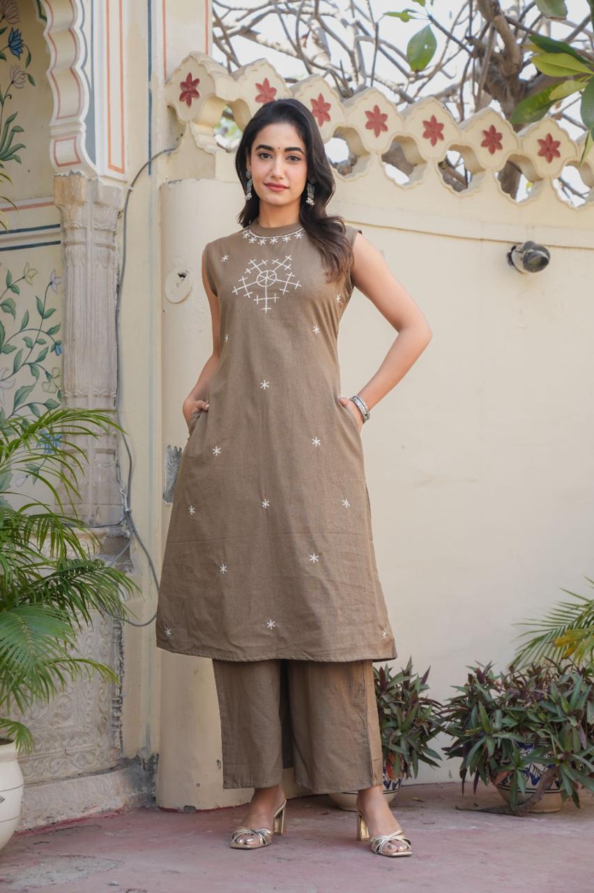 Stylish Beige Cotton Kurti with Palazzo & Thread Work