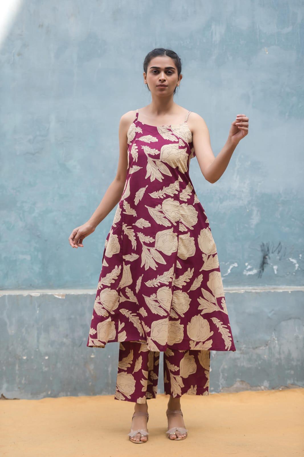 Floral Print Cotton Kurta With Palazoo For Womens
