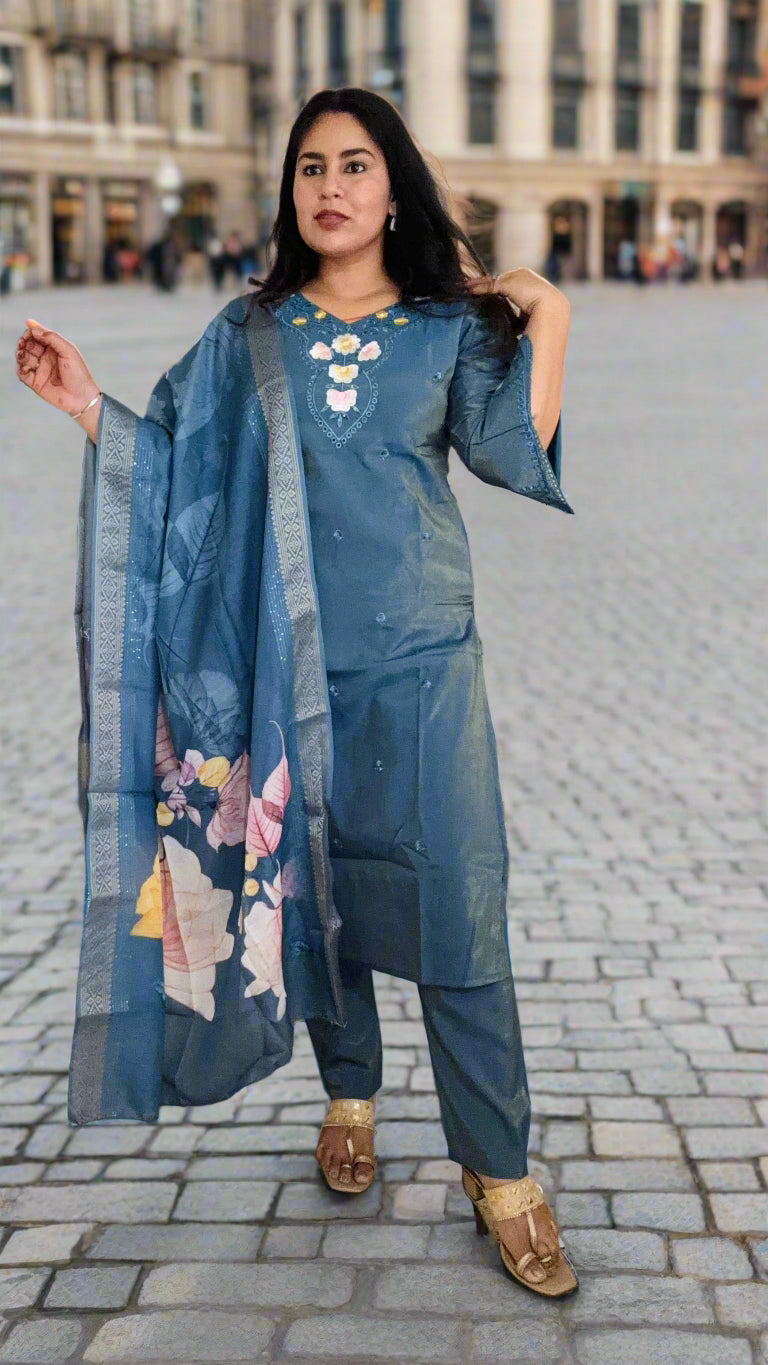 Blue Shimmer Silk Royal Suit with Banarasi Dupatta