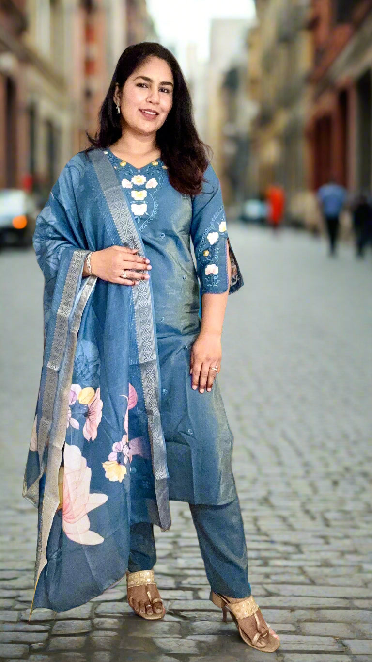 Blue Shimmer Silk Royal Suit with Banarasi Dupatta
