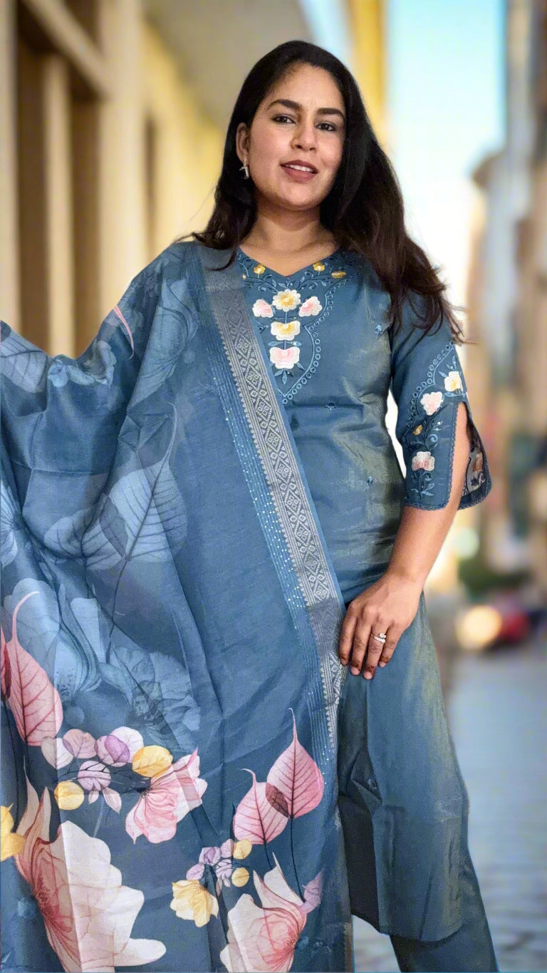 Blue Shimmer Silk Royal Suit with Banarasi Dupatta