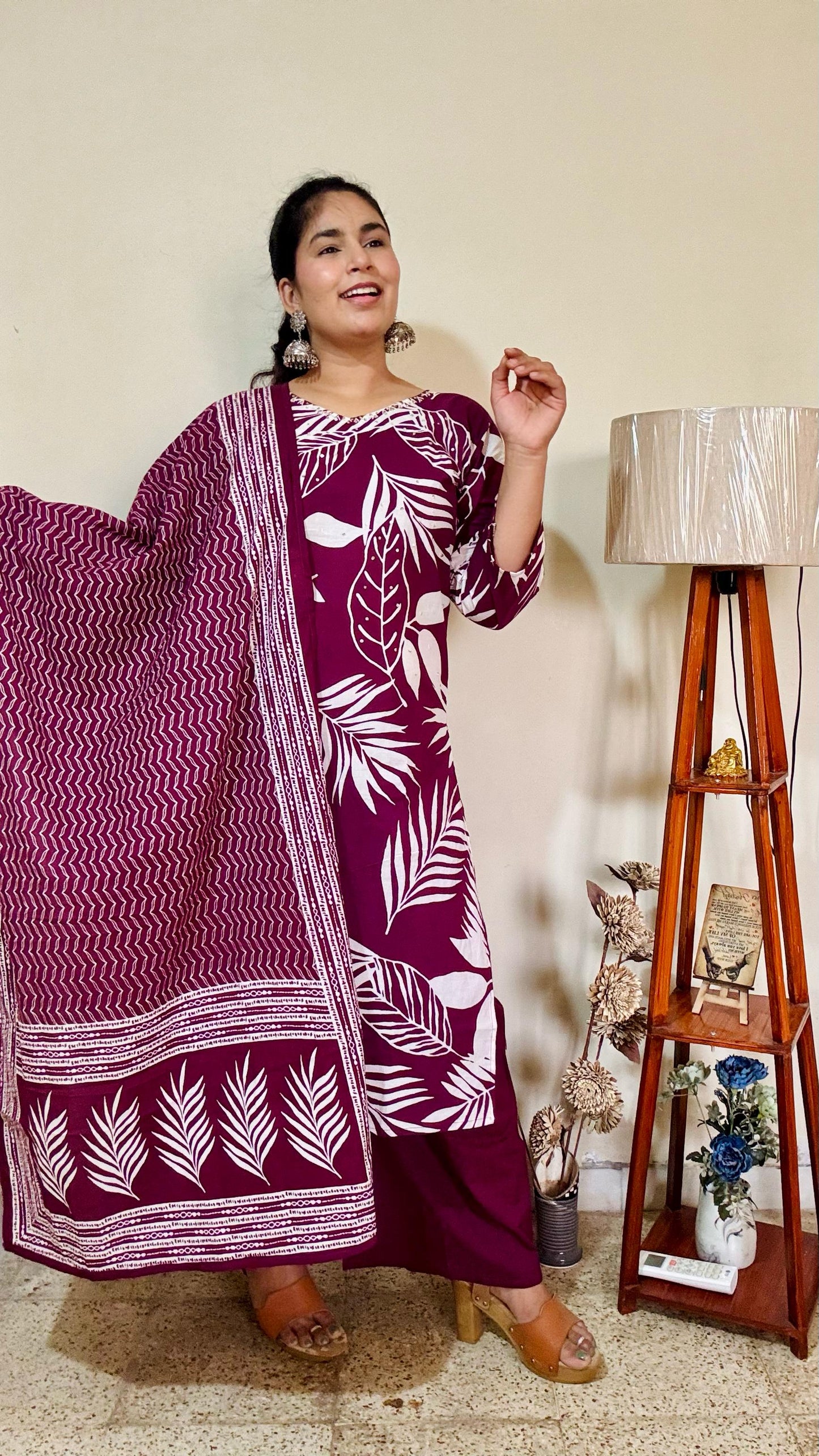 Wine Cotton Palazzo Suit Set with Handblock Dupatta