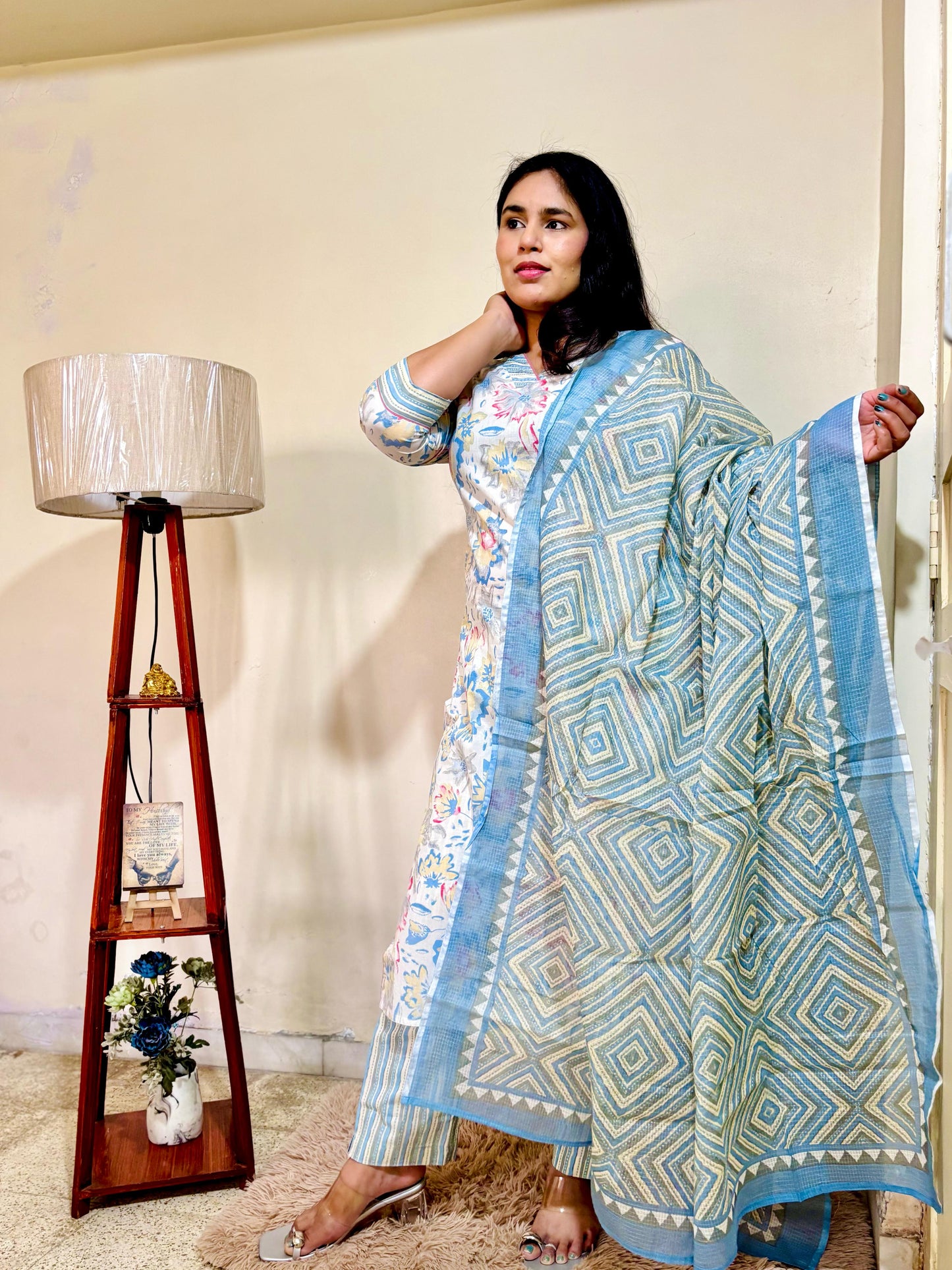 Pure Cotton Hand Print Suit With Kota Doria Dupatta