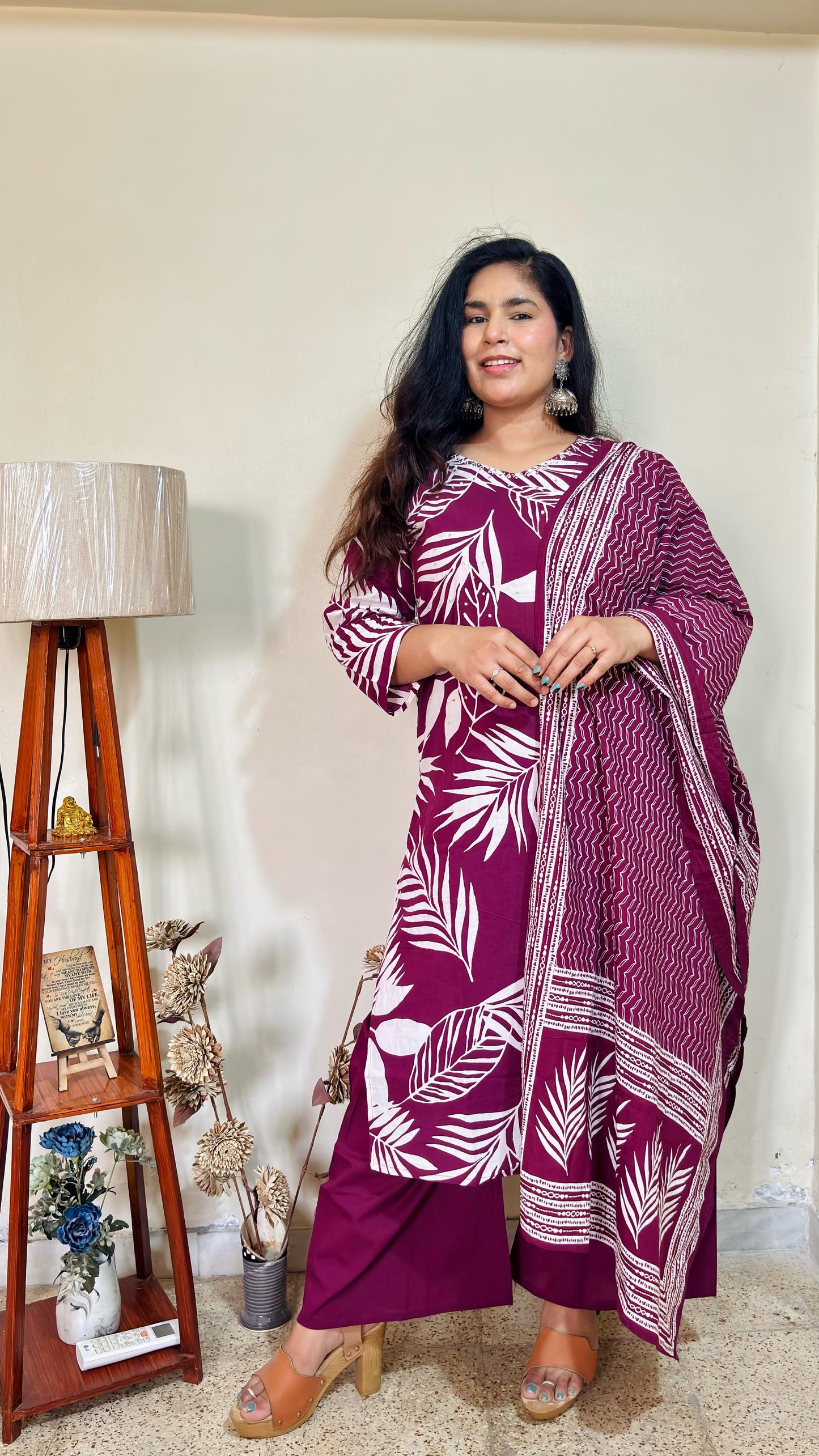 Wine Cotton Palazzo Suit Set with Handblock Dupatta