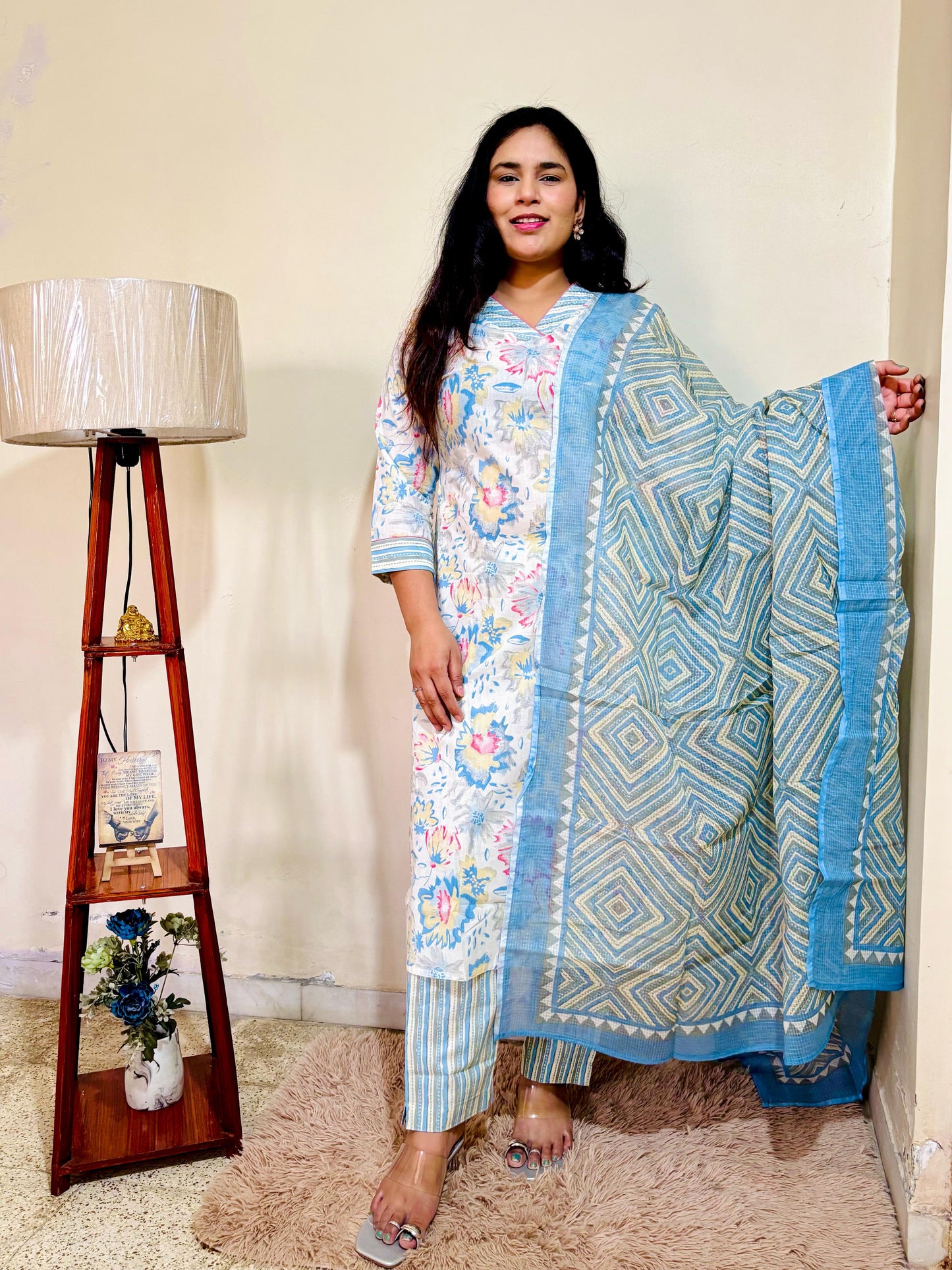Pure Cotton Hand Print Suit With Kota Doria Dupatta