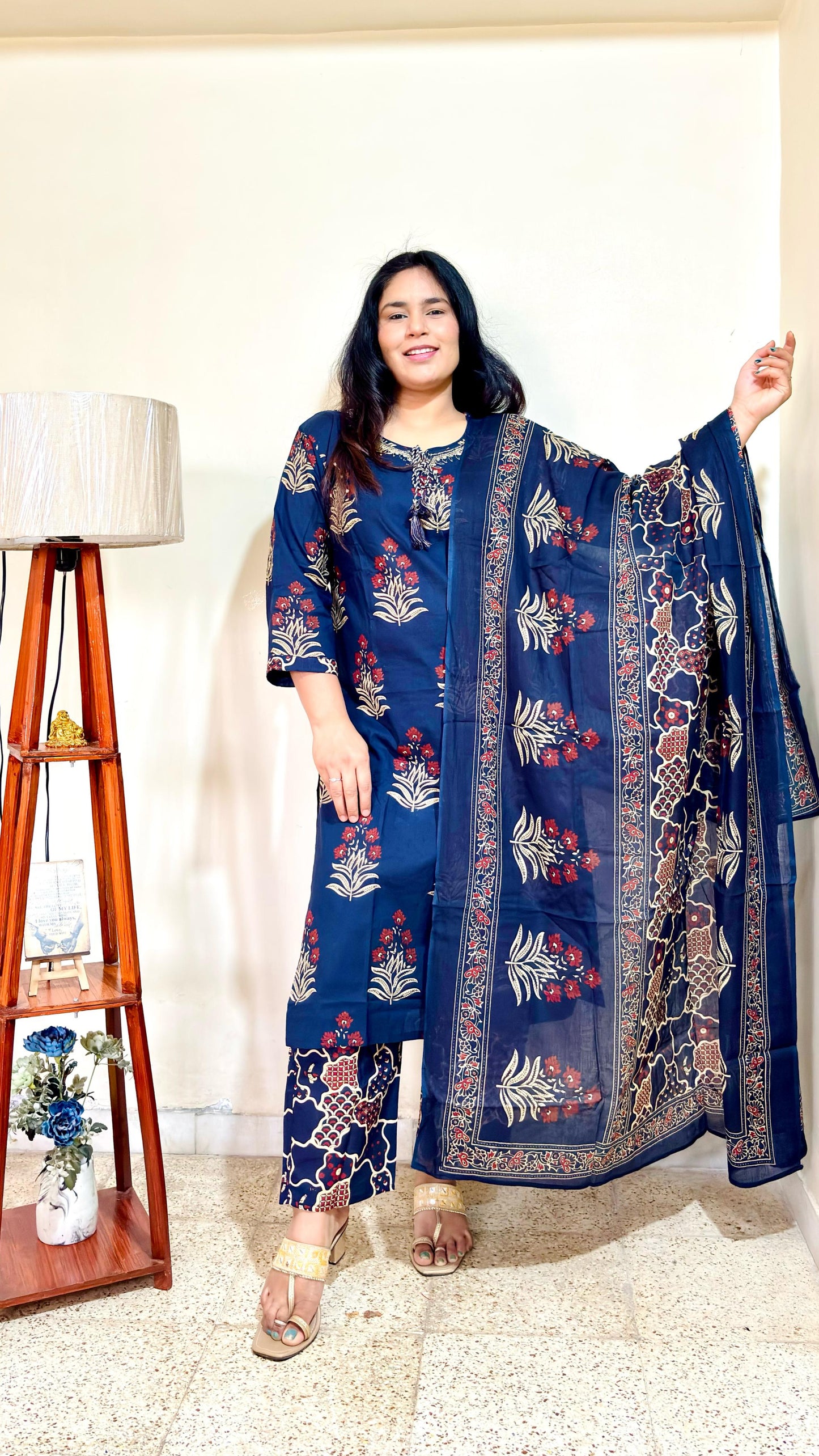 Navy Blue Mul Cotton Suit Set with Hand Block Print