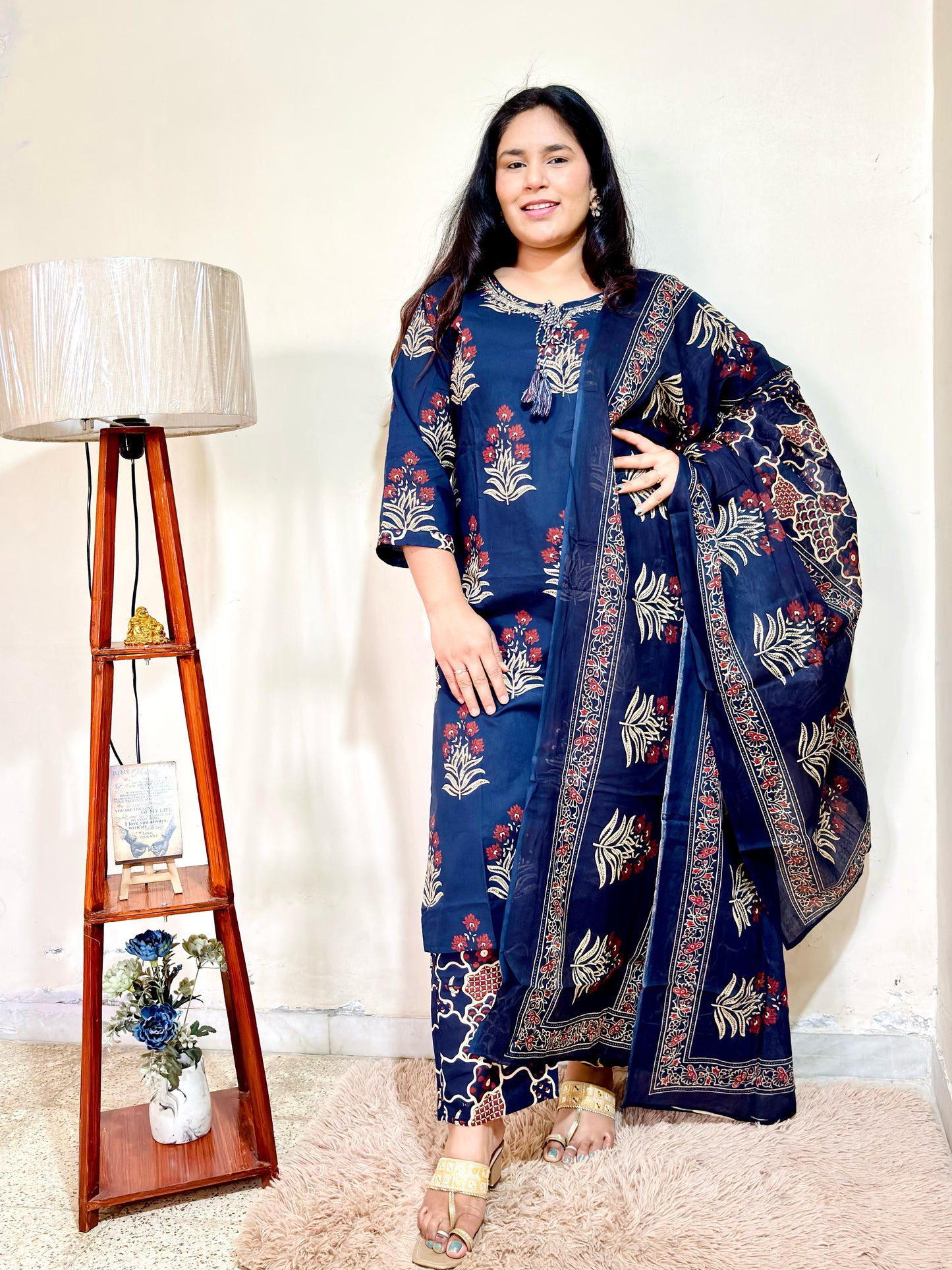 Navy Blue Mul Cotton Suit Set with Hand Block Print