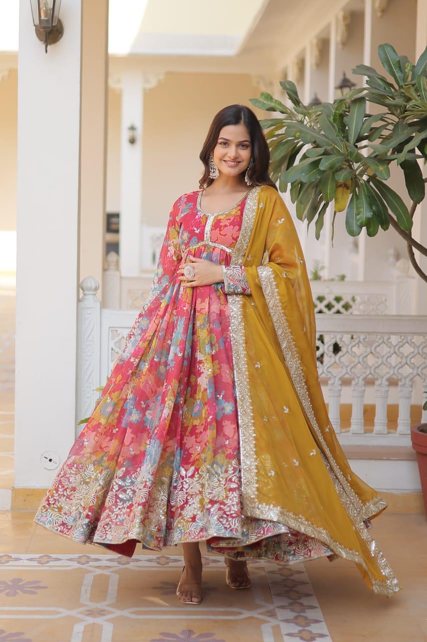 Premium Ready-Made Alia Cut Gown Set Online with digital prints and embroidery