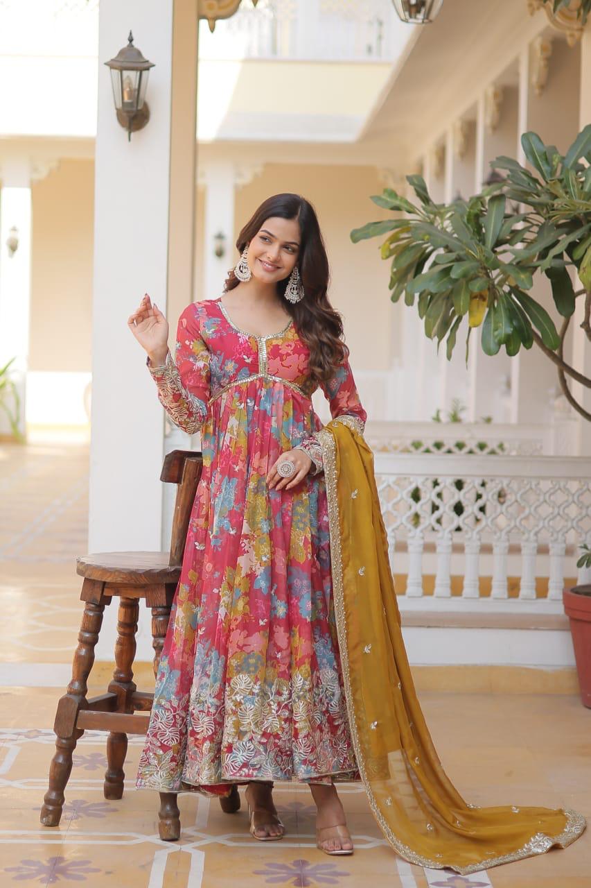 Premium Ready-Made Alia Cut Gown Set Online with digital prints and embroidery