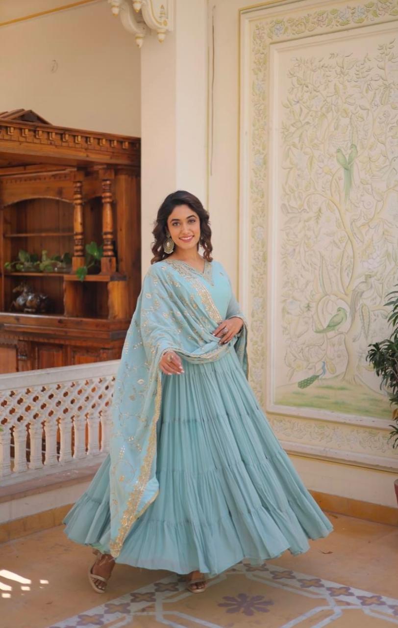 Women Anarkali Gown with Sequin Zari work Dupatta