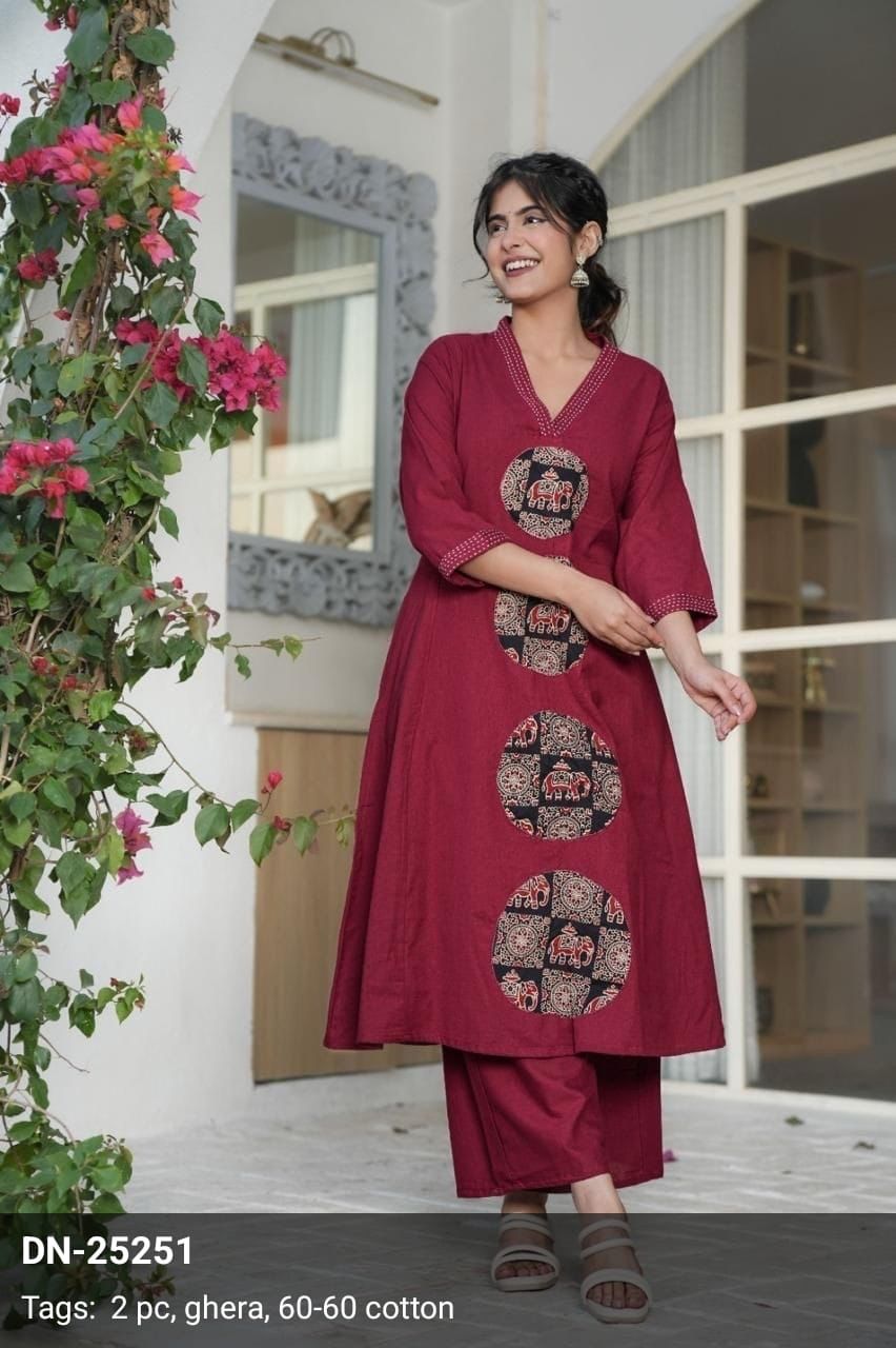Maroon Patch Work Cotton Co-Ord Set