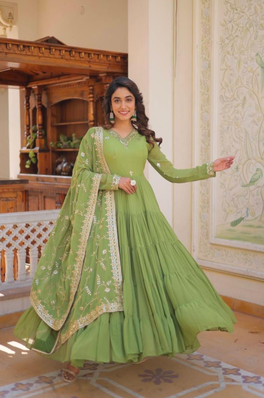 Women Anarkali Gown with Sequin Zari work Dupatta