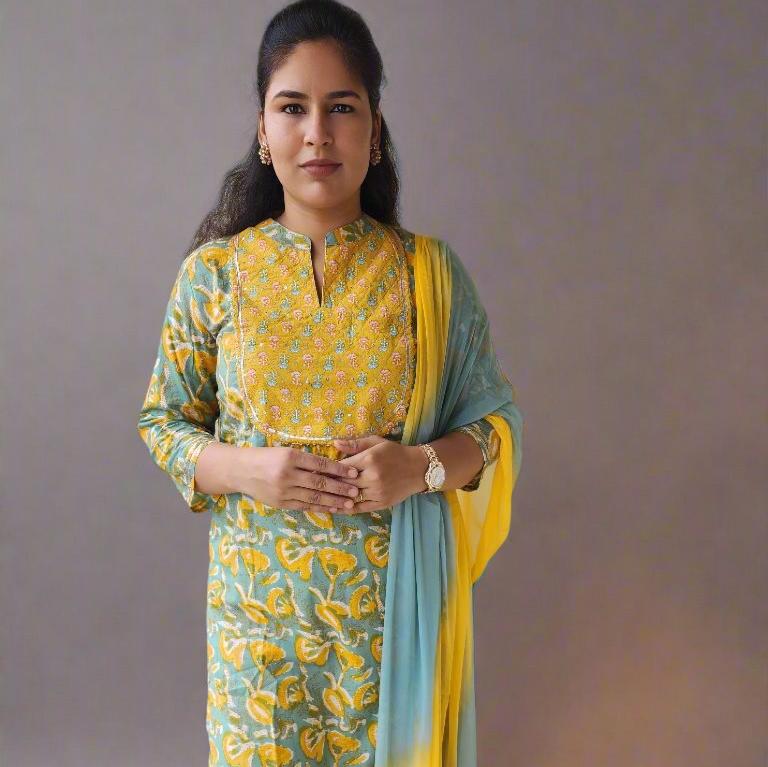 Mustard Yellow Handblock Print Kurta Set