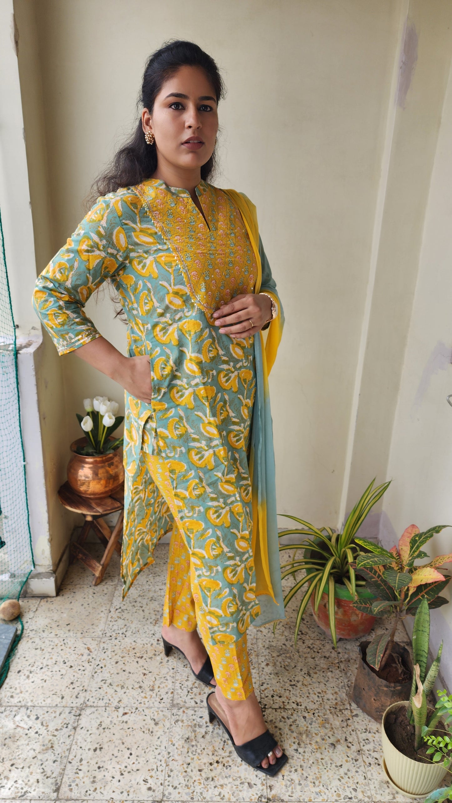 Mustard Yellow Handblock Print Kurta Set