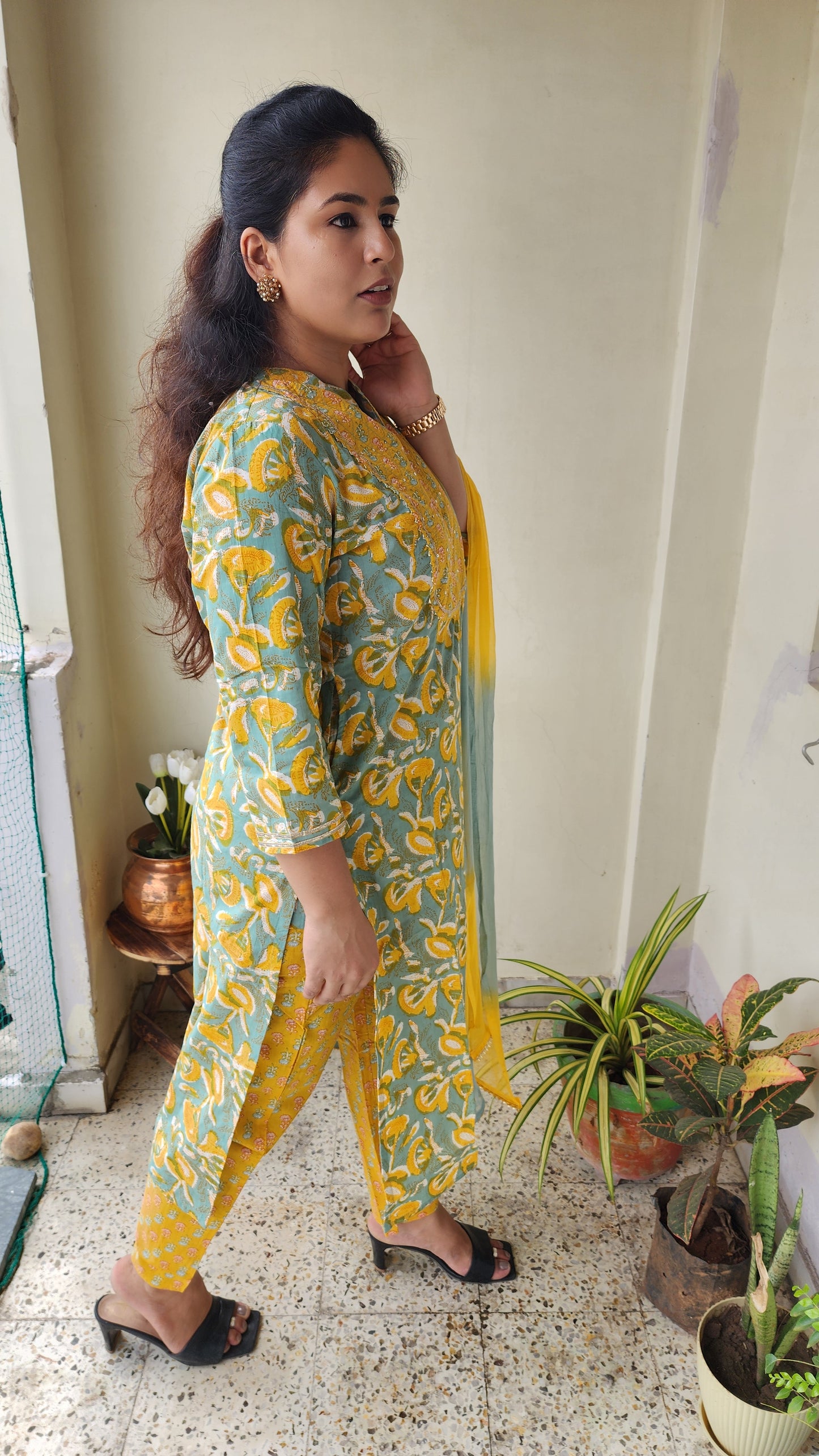 Mustard Yellow Handblock Print Kurta Set