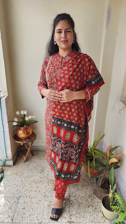 Ajrakh Print Cotton Kurta Set in Dark Maroon and Black