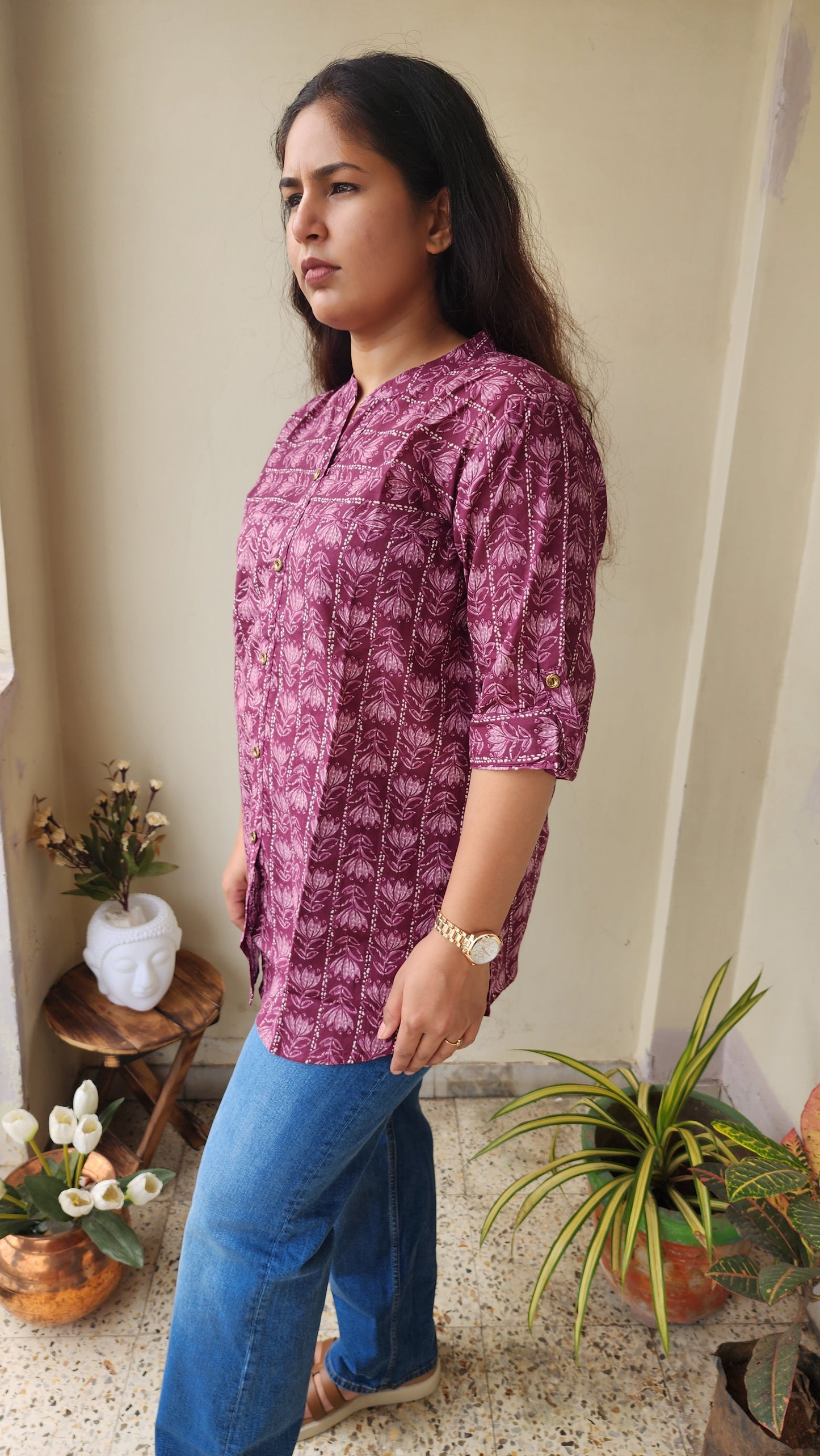 Purple Block Print Floral Design Top