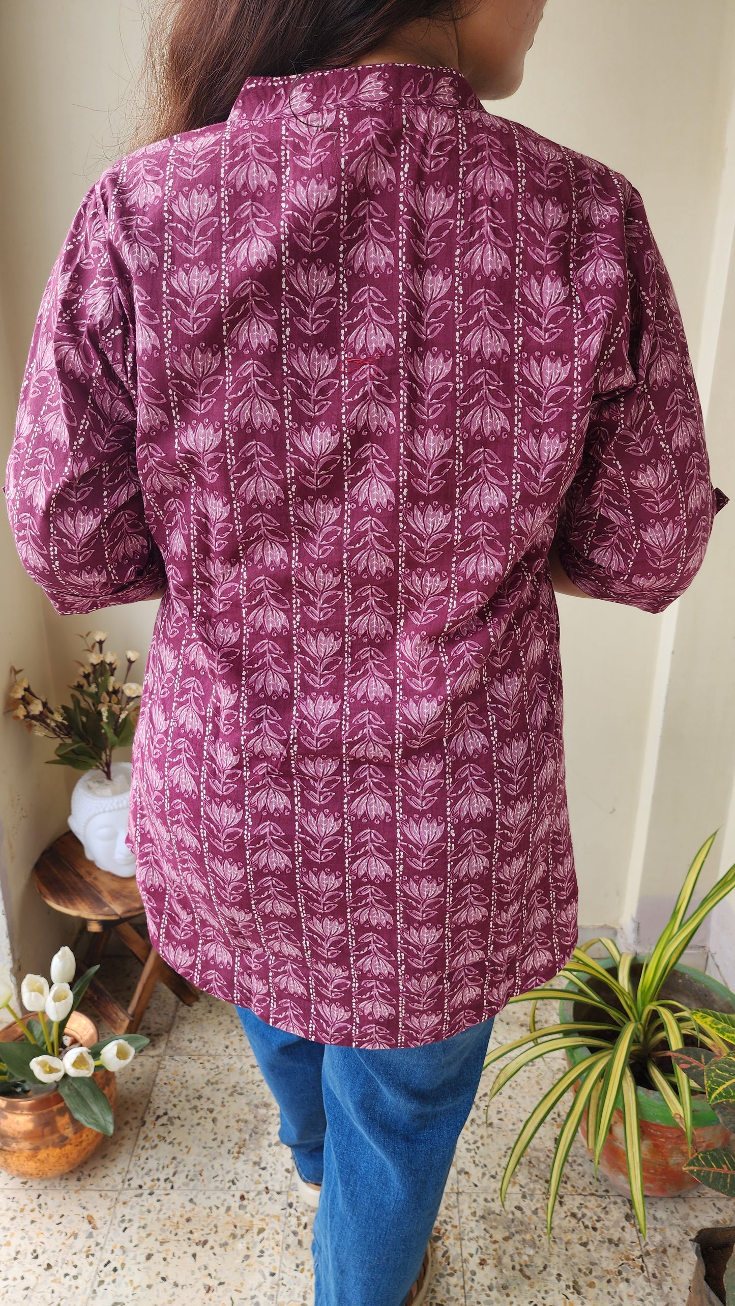 Purple Block Print Floral Design Top