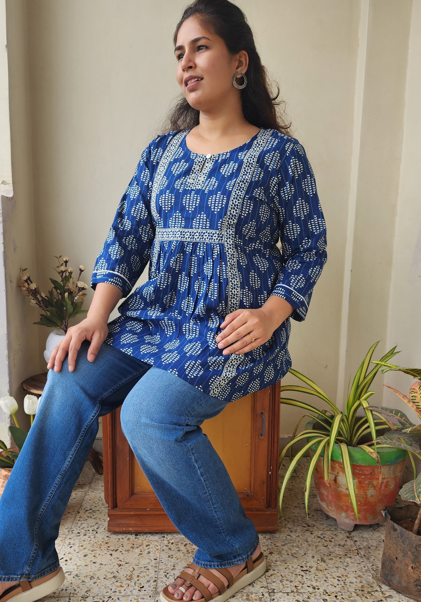 Nevy Blue Hand Block Printed Cotton Bottom-up Top