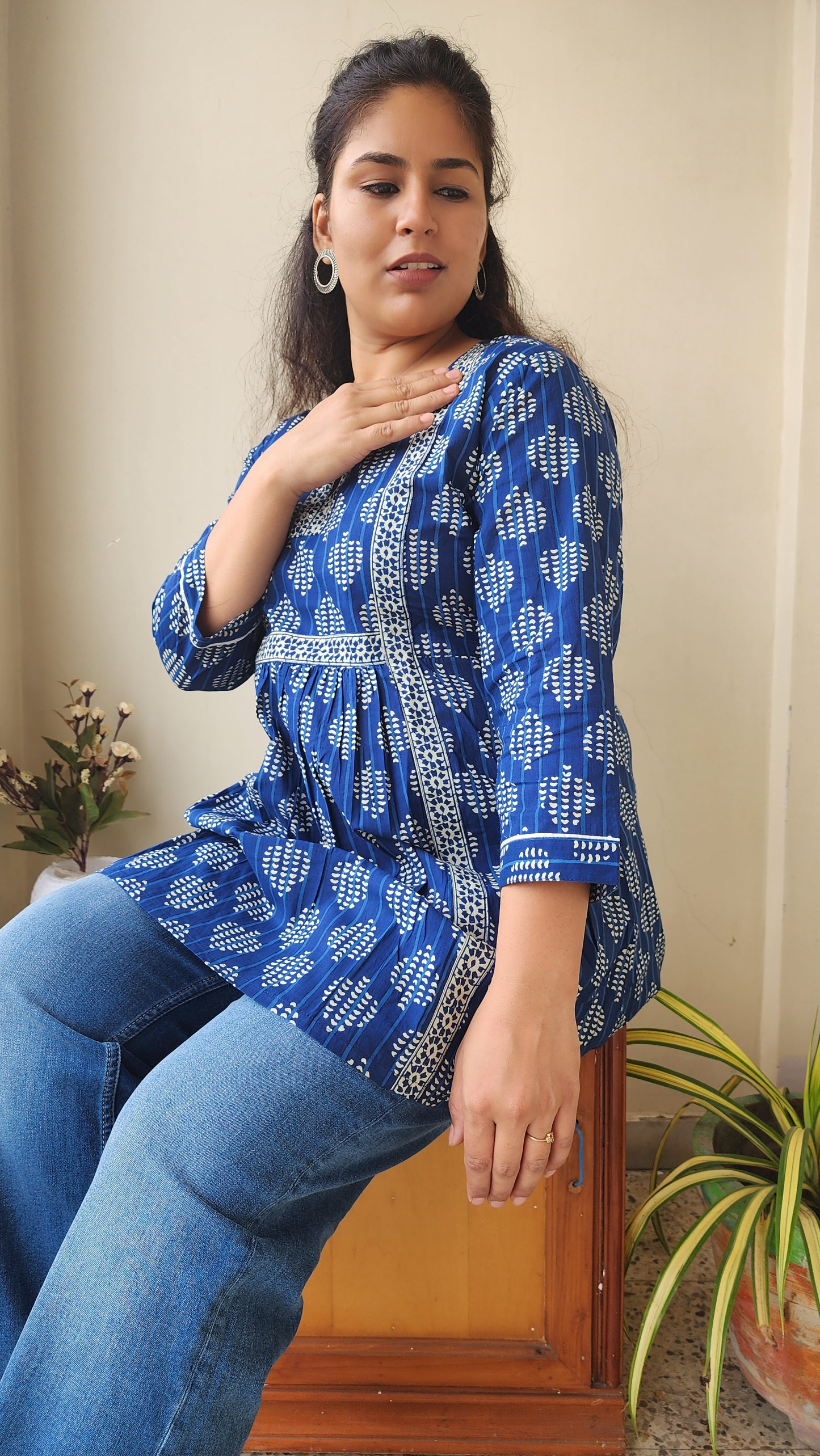 Nevy Blue Hand Block Printed Cotton Bottom-up Top