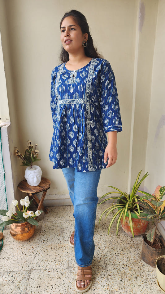 Nevy Blue Hand Block Printed Cotton Bottom-up Top