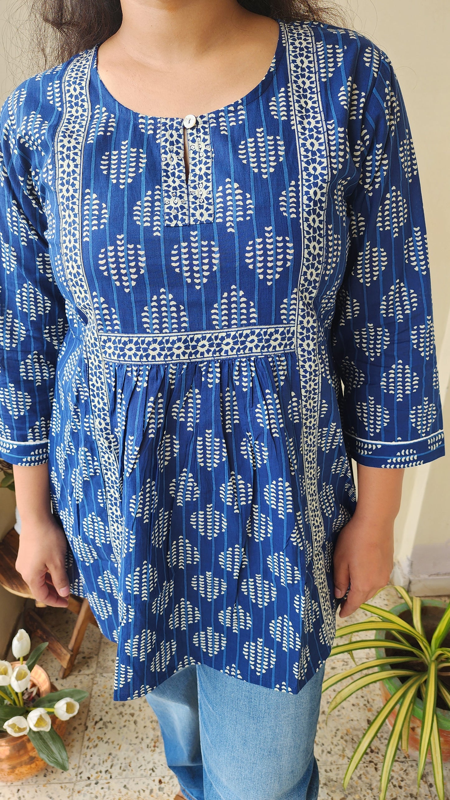 Nevy Blue Hand Block Printed Cotton Bottom-up Top