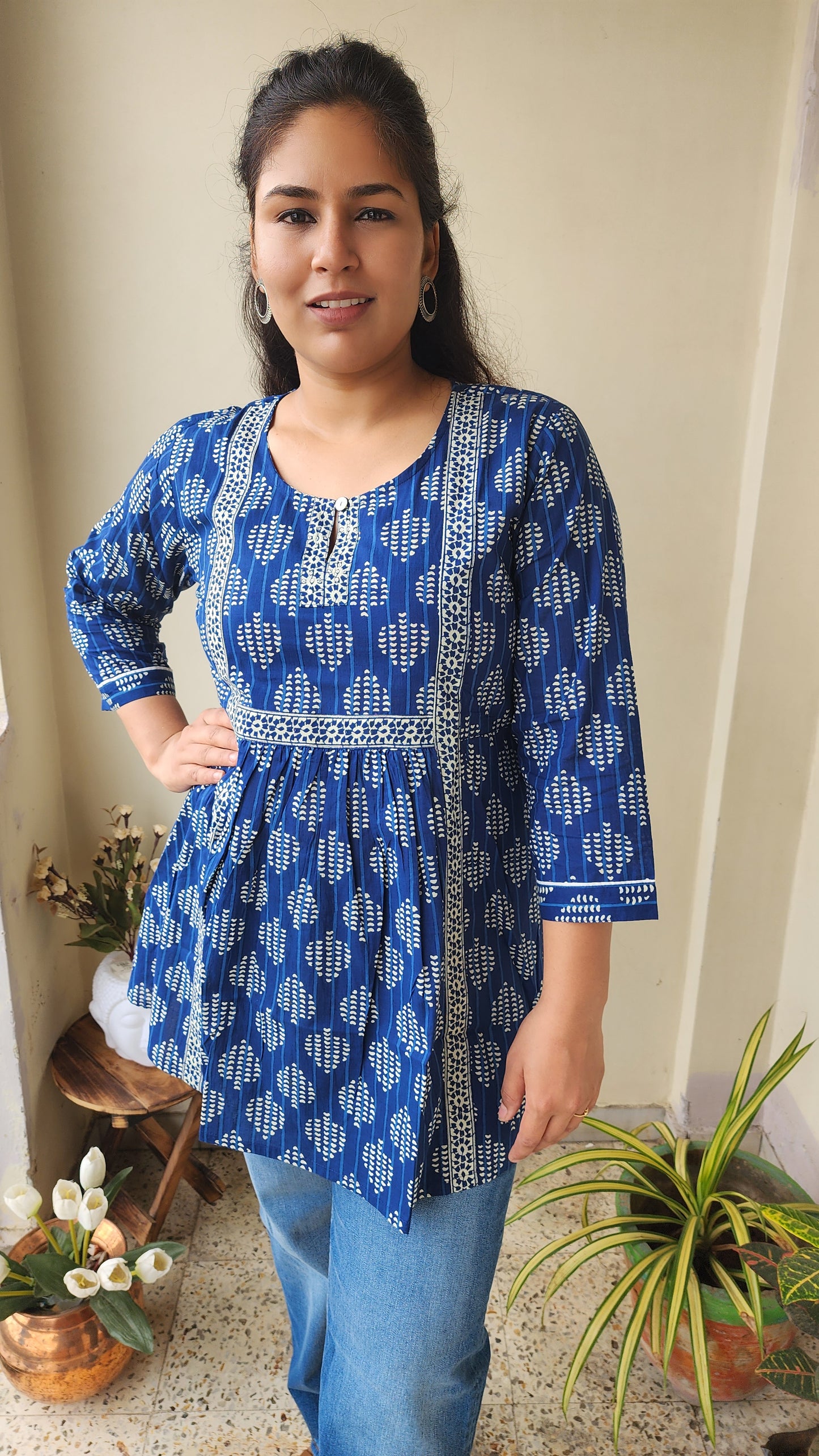 Nevy Blue Hand Block Printed Cotton Bottom-up Top