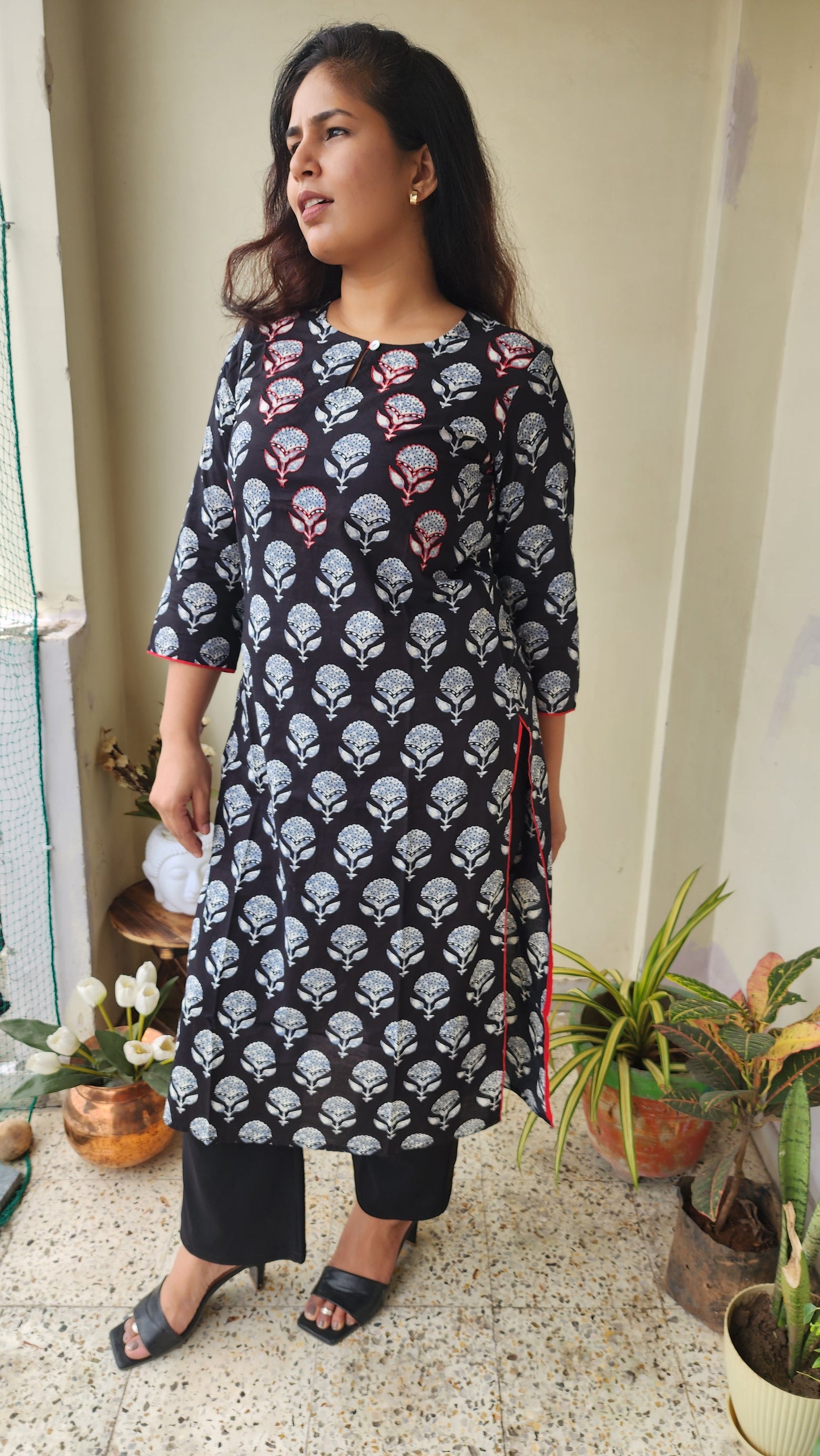 Black Hand Block printed Cotton Kurta with Hand Embroidery