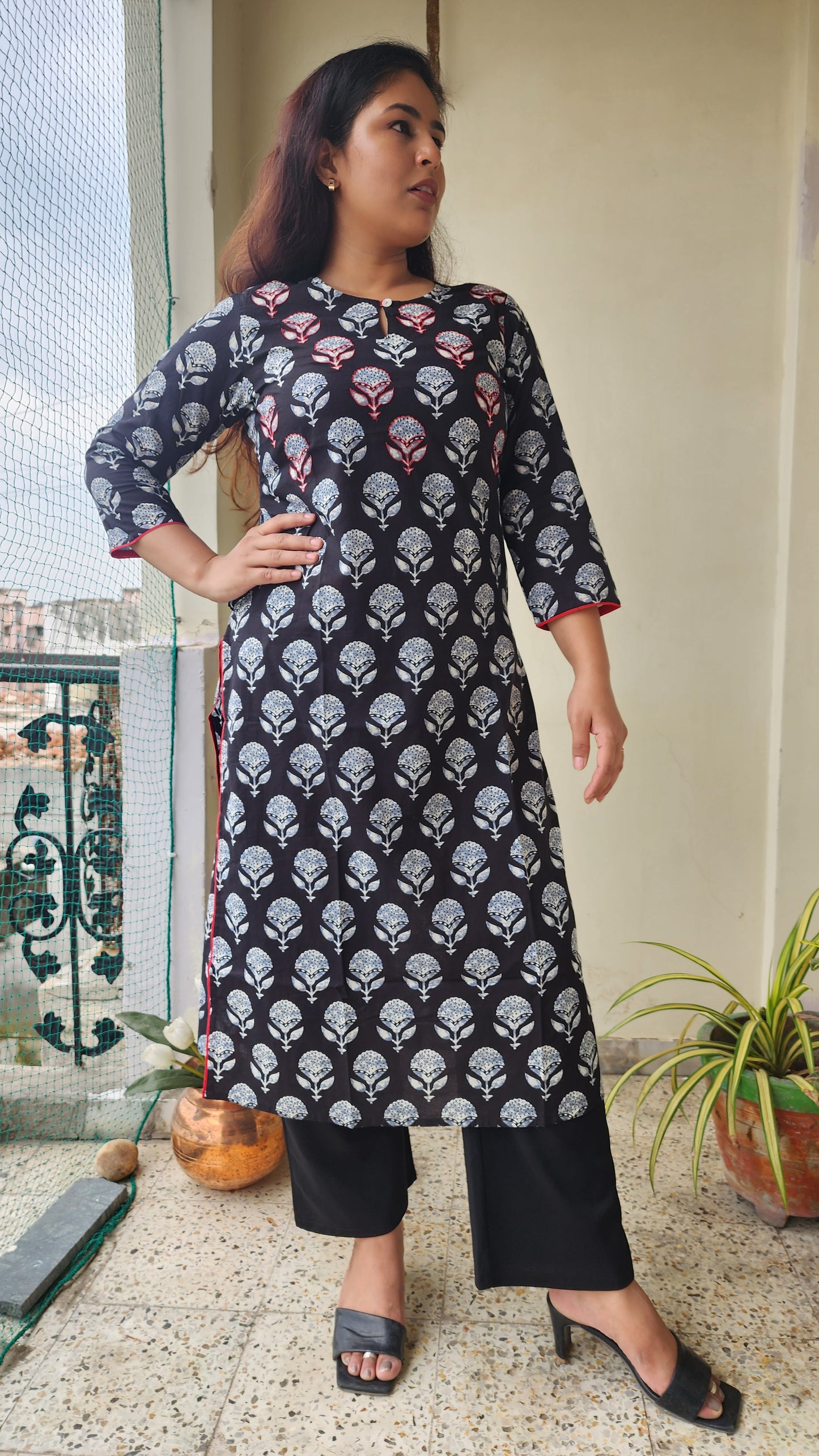 Black Hand Block printed Cotton Kurta with Hand Embroidery