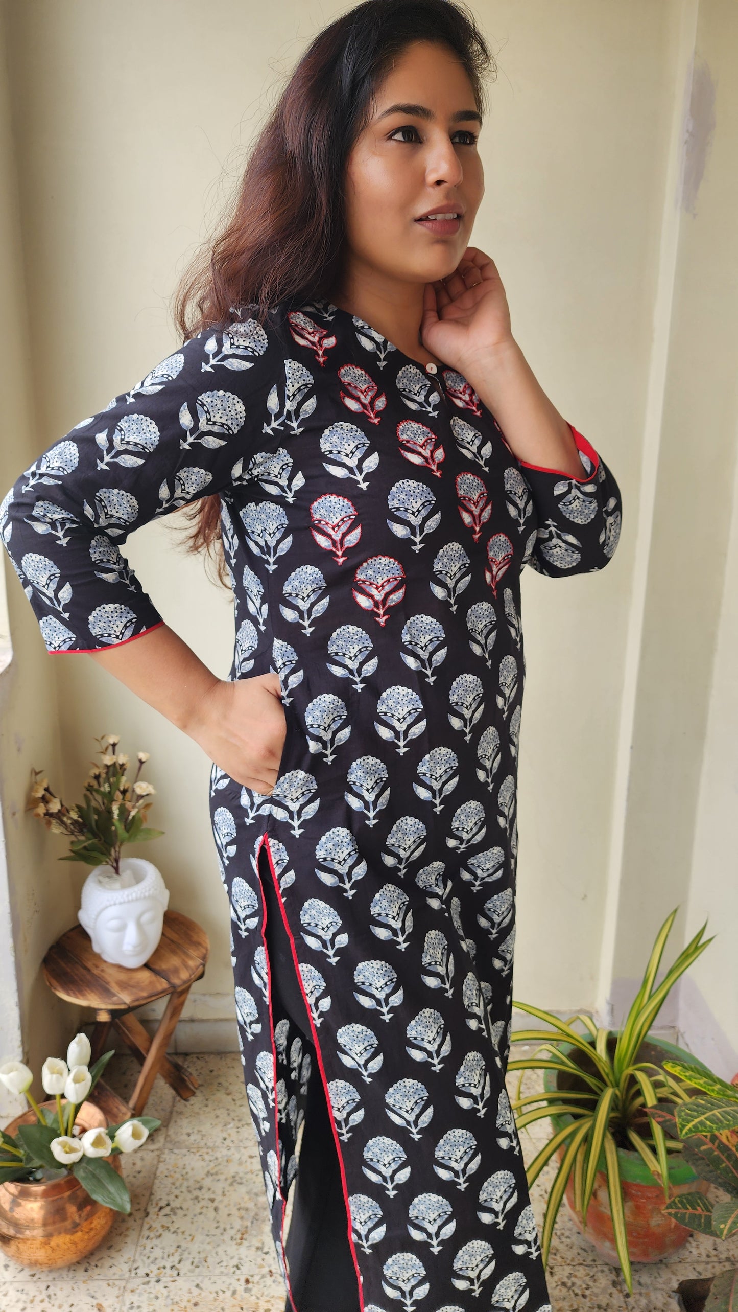 Black Hand Block printed Cotton Kurta with Hand Embroidery