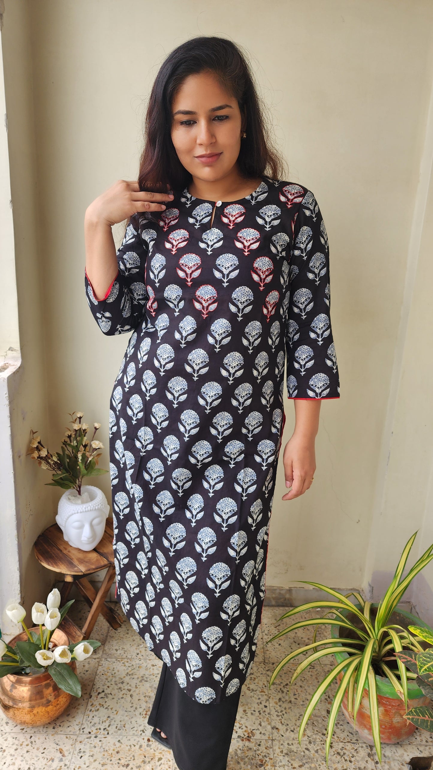 Black Hand Block printed Cotton Kurta with Hand Embroidery