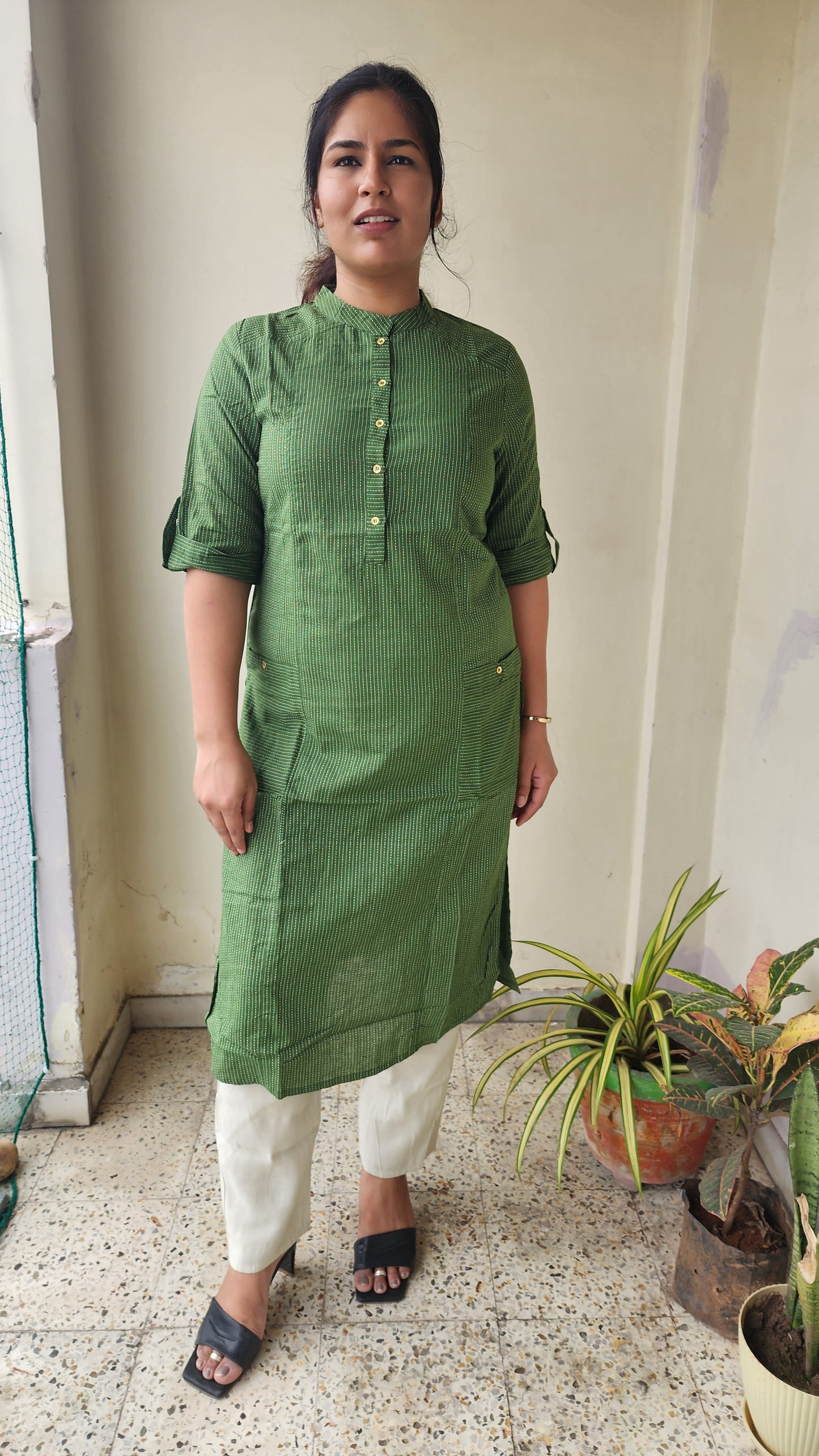 Olive Green Kalamkari Striped Threaded Cotton Kurta