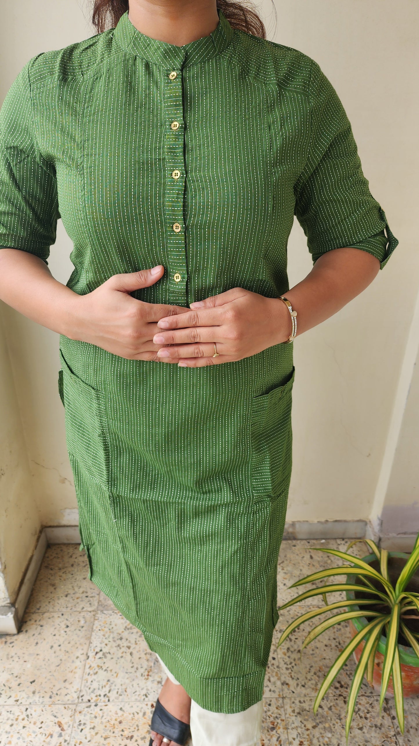 Olive Green Kalamkari Striped Threaded Cotton Kurta