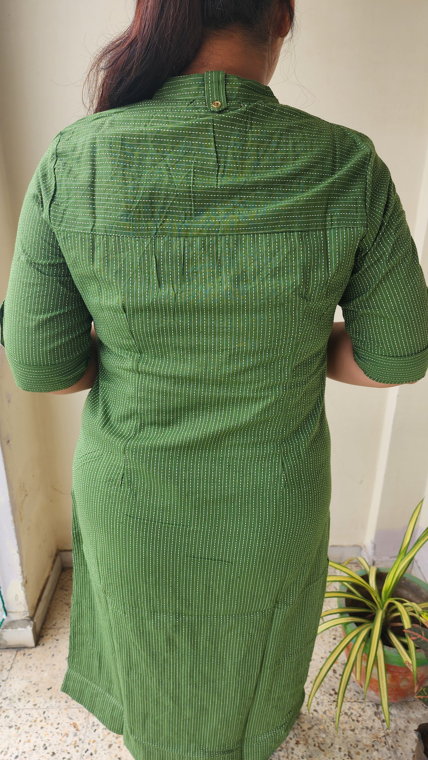 Olive Green Kalamkari Striped Threaded Cotton Kurta