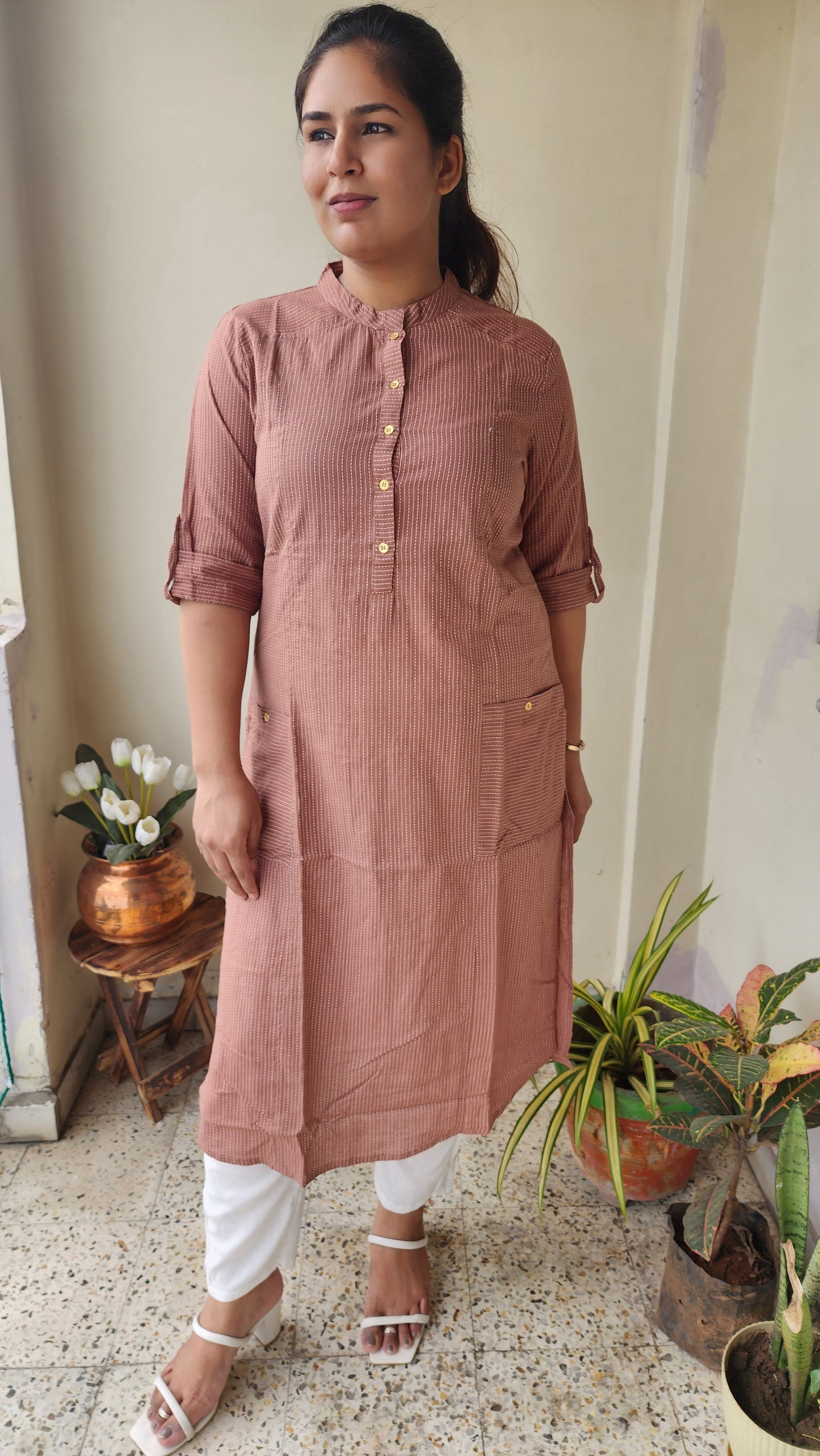 Almond Brown Striped Katha Cotton Kurta