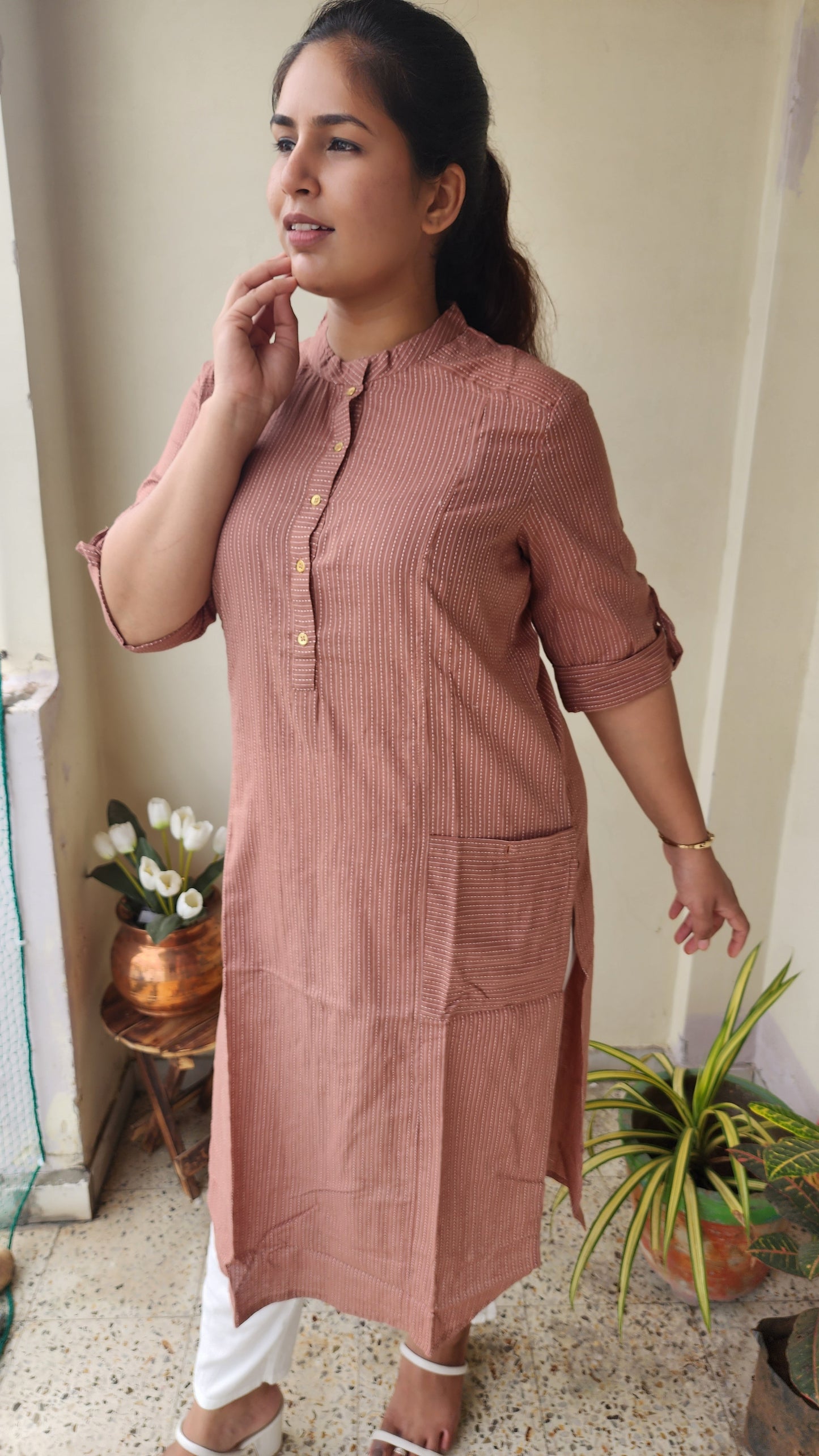 Almond Brown Striped Katha Cotton Kurta