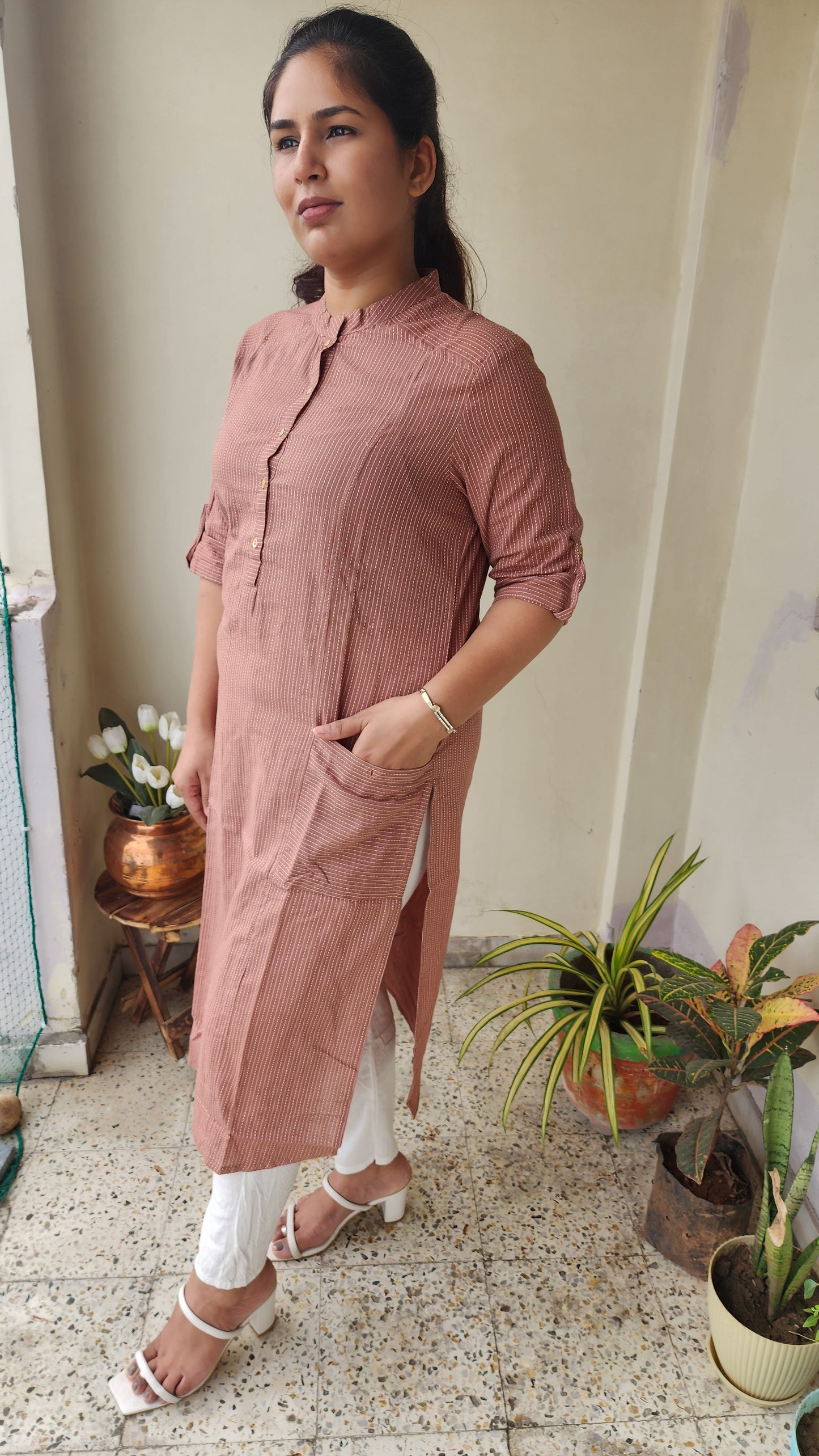 Almond Brown Striped Katha Cotton Kurta