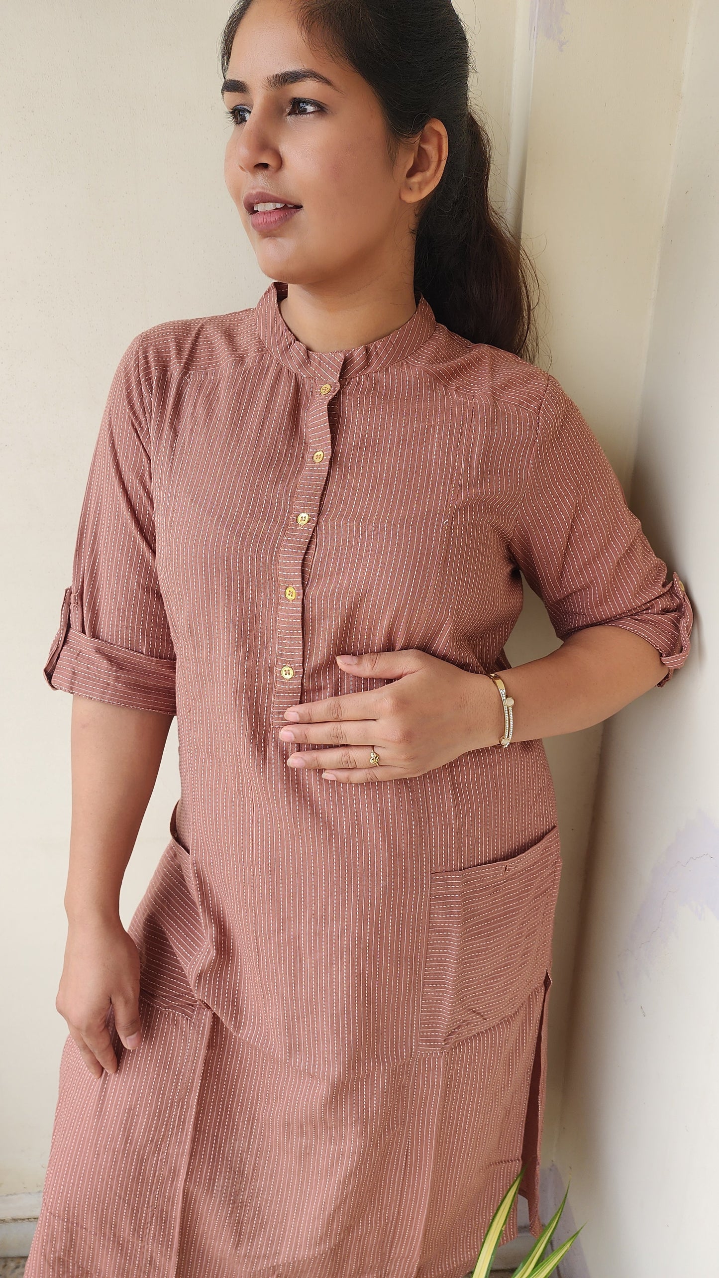 Almond Brown Striped Katha Cotton Kurta