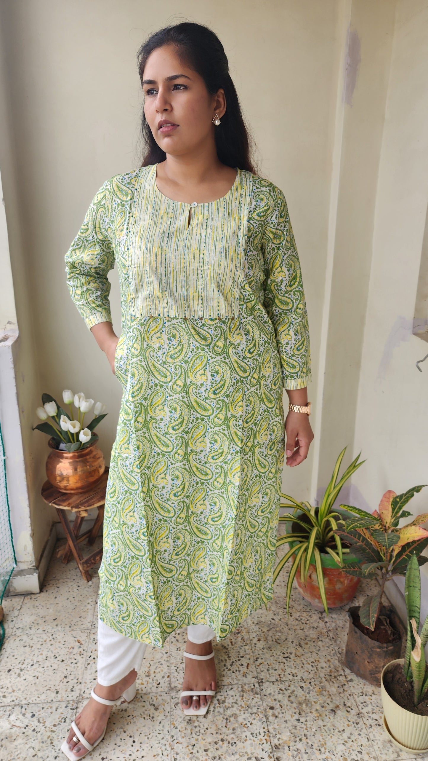 Green & Off white Ethnic Motif Printed Cotton Kurta