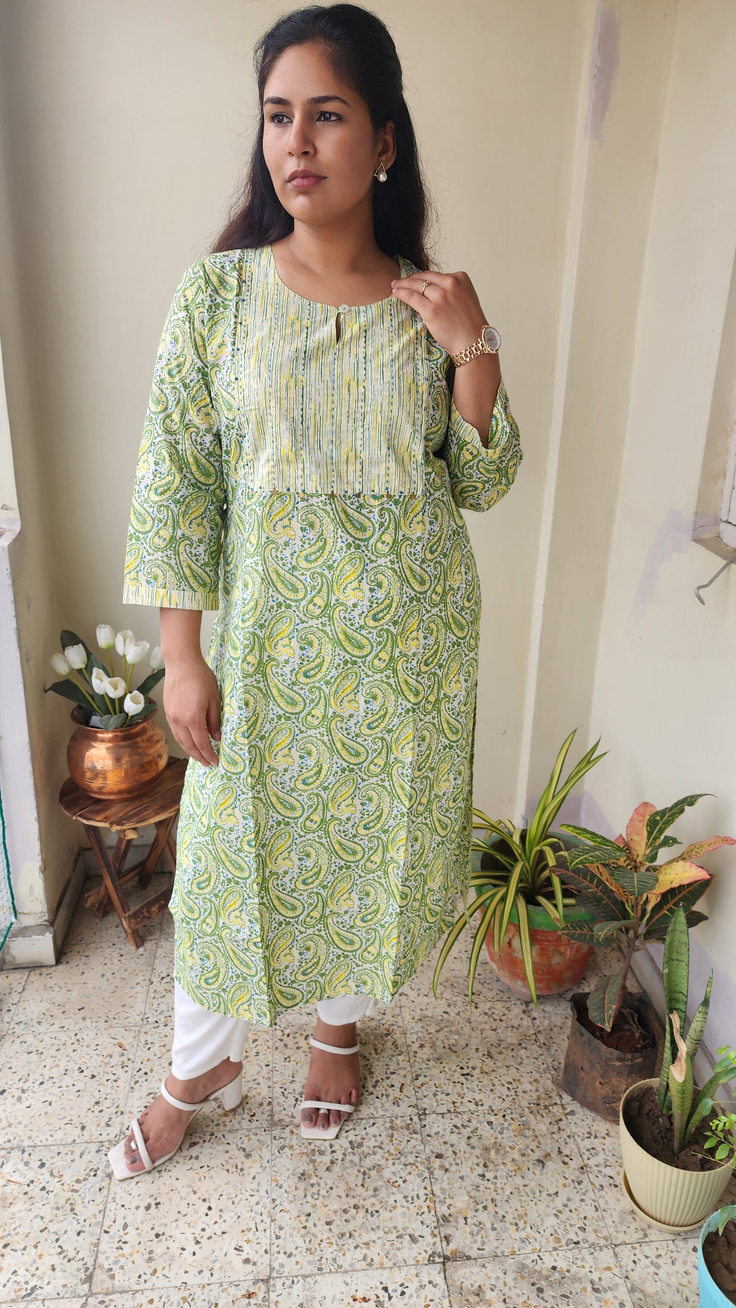 Green & Off white Ethnic Motif Printed Cotton Kurta