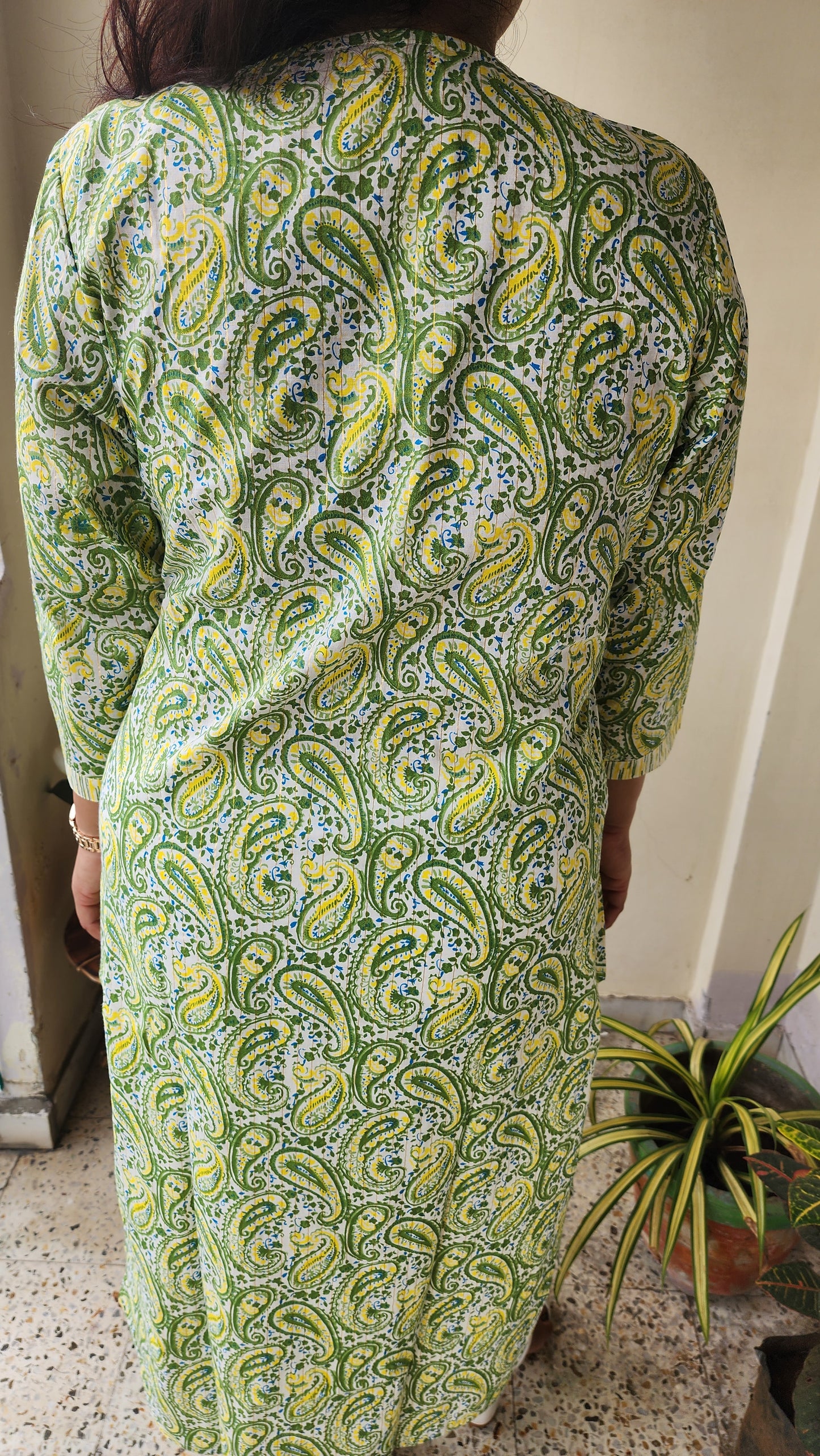 Green & Off white Ethnic Motif Printed Cotton Kurta