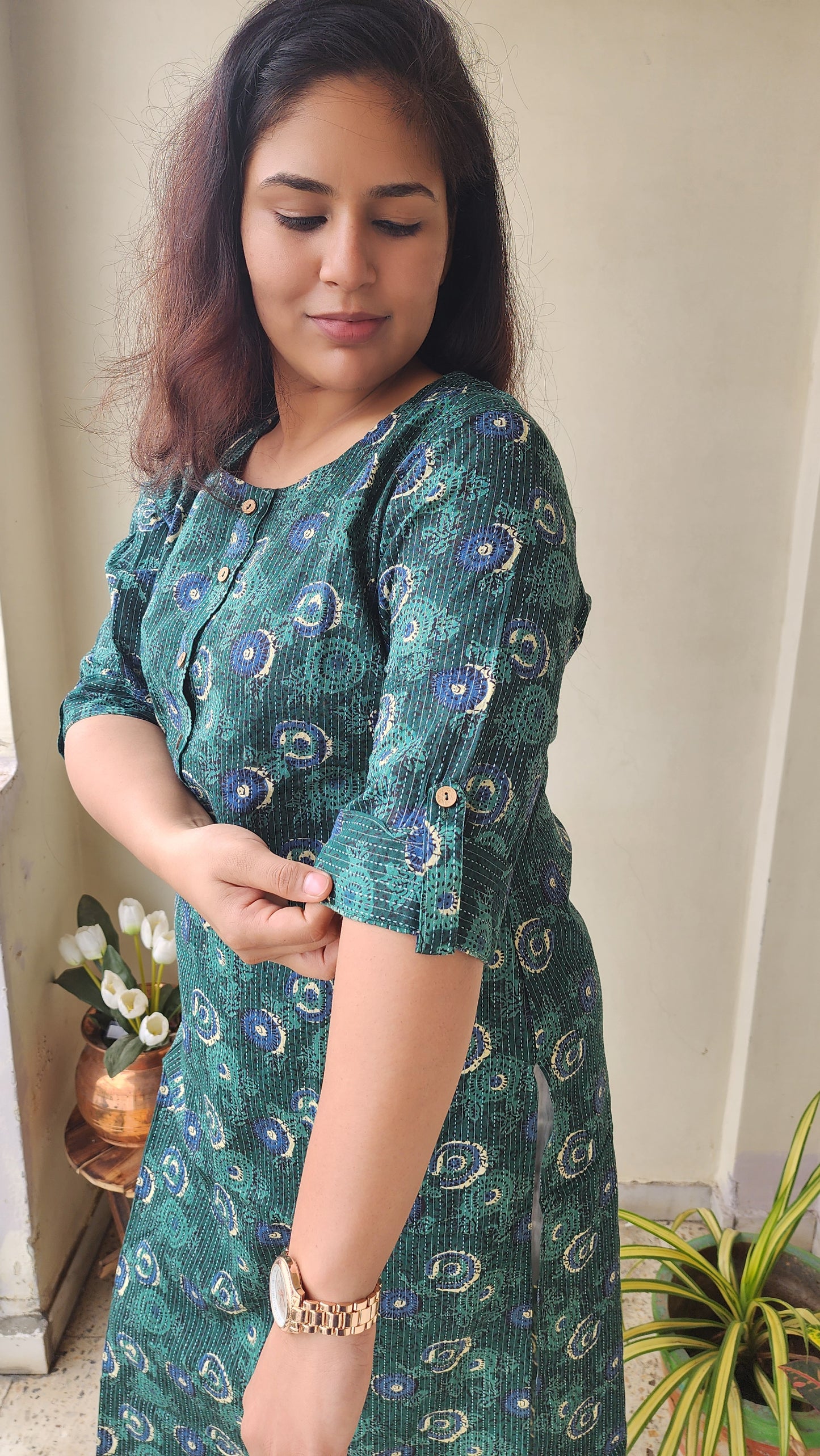 Handcrafted Green Printed Katha Cotton Kurta