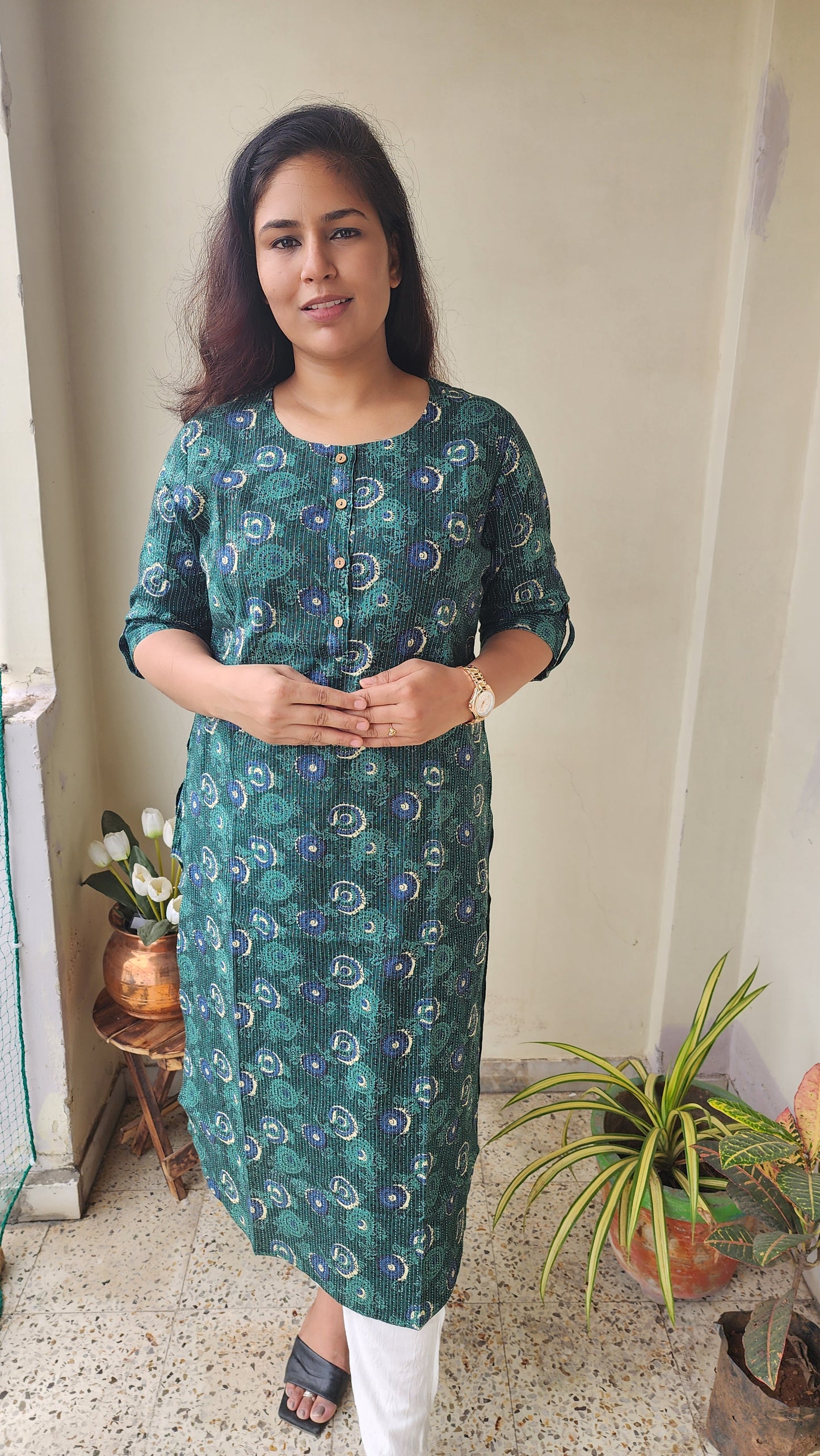 Handcrafted Green Printed Katha Cotton Kurta