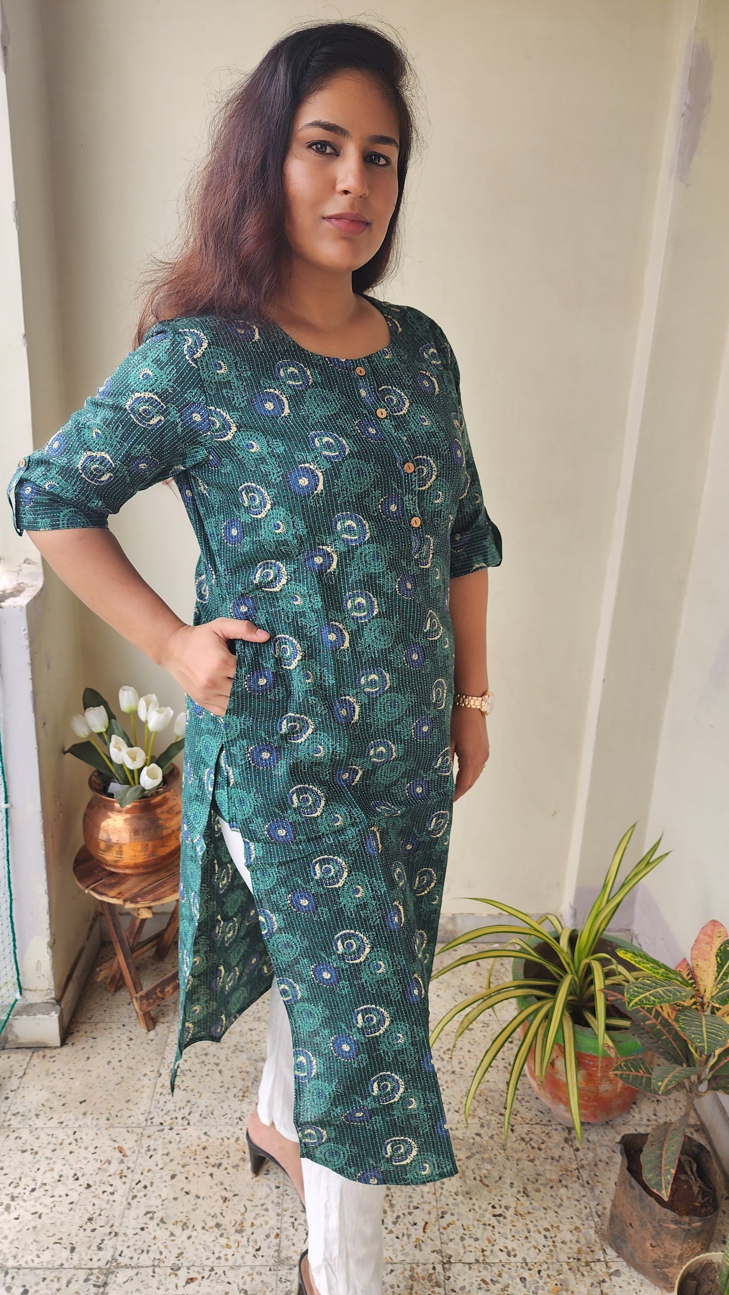 Handcrafted Green Printed Katha Cotton Kurta